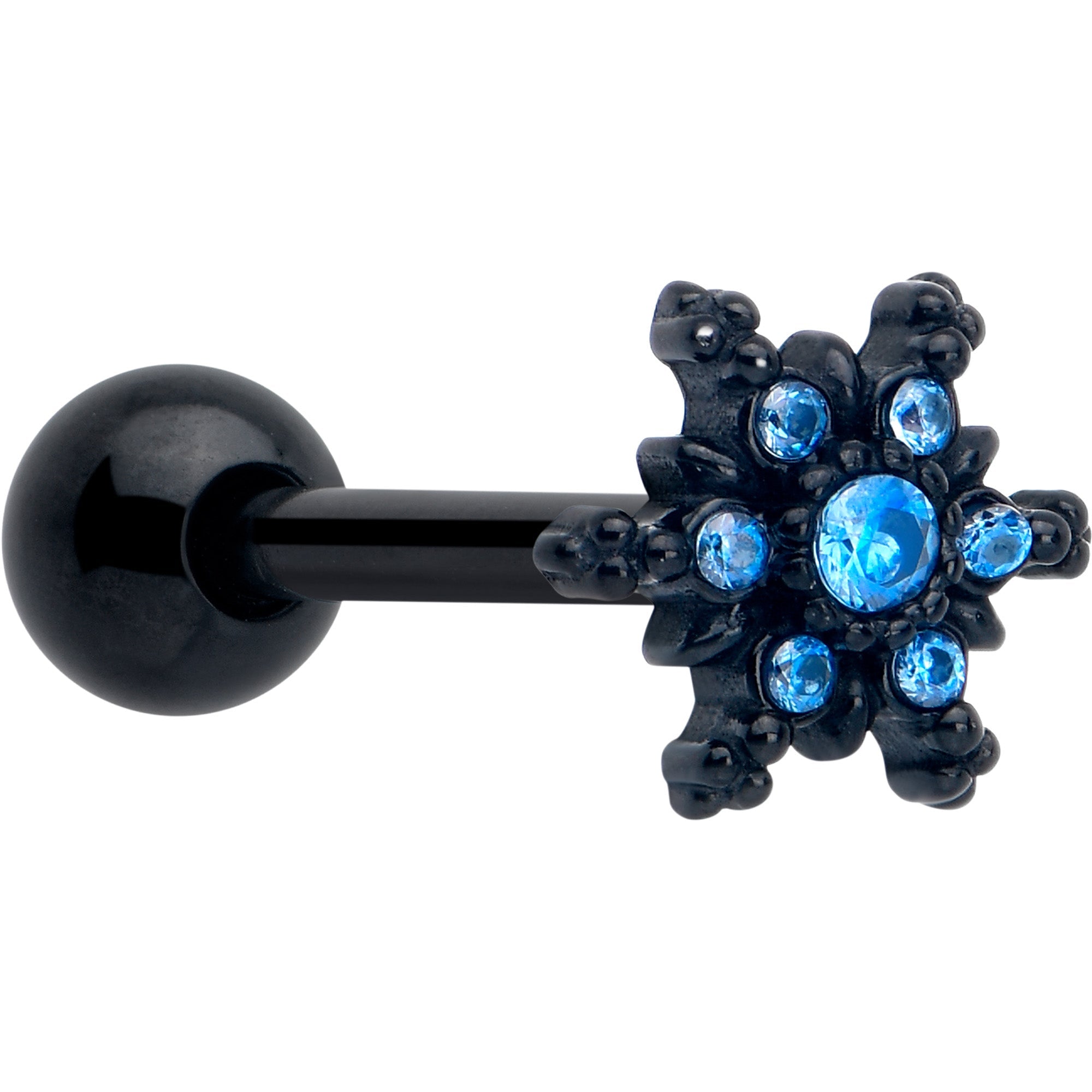 BodyCandy Blue CZ Gem Black Gothic Winter Holiday Snowflake Barbell Tongue Ring — main product shot