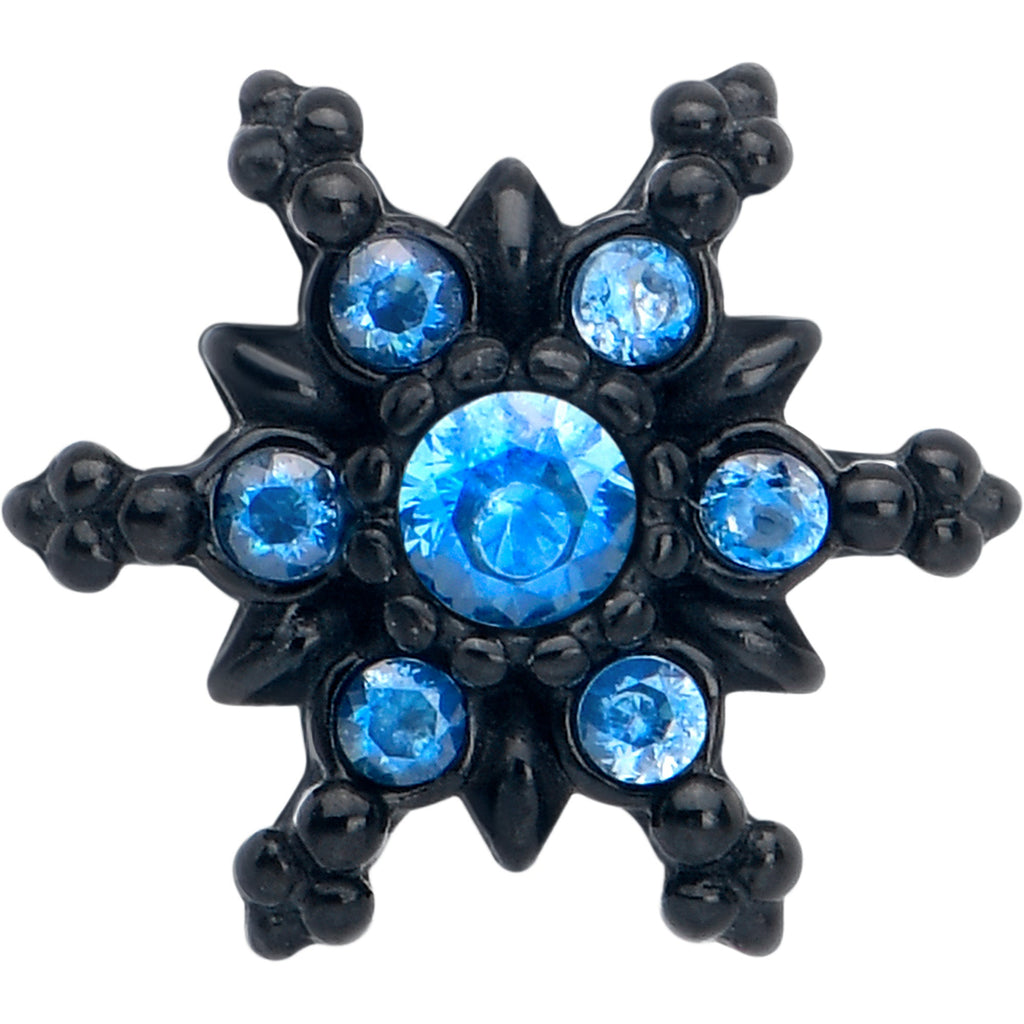 BodyCandy Blue CZ Gem Black Gothic Winter Holiday Snowflake Barbell Tongue Ring — detail close-up