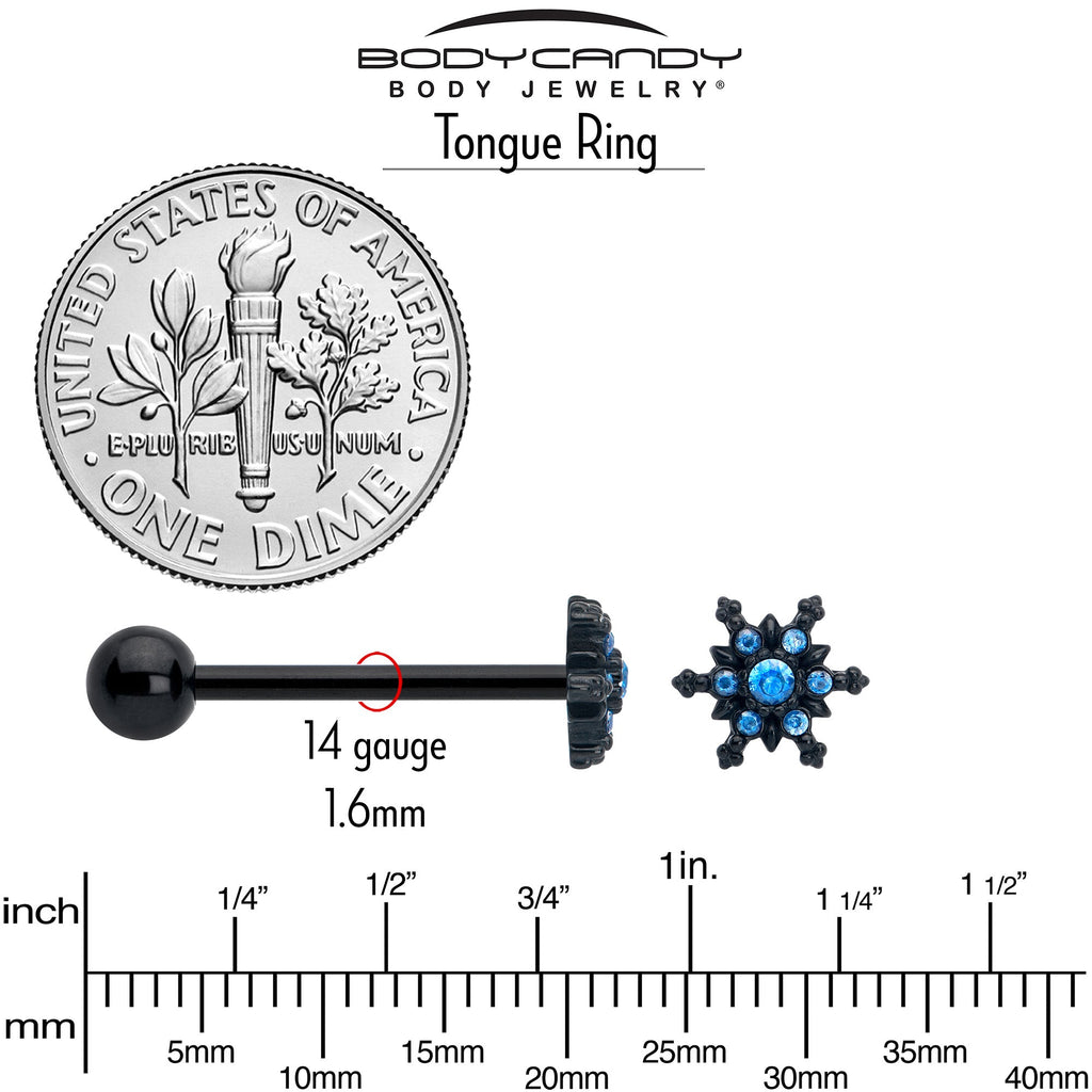 BodyCandy Blue CZ Gem Black Gothic Winter Holiday Snowflake Barbell Tongue Ring — side view