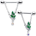 BodyCandy 14G 9/16 Aurora CZ Gem Morning Leaves Chain Dangle Nipple Ring Set — main product shot