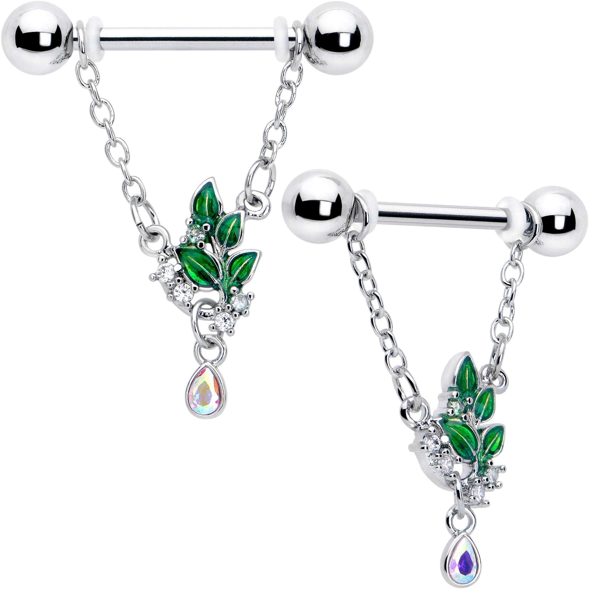 BodyCandy 14G 9/16 Aurora CZ Gem Morning Leaves Chain Dangle Nipple Ring Set — main product shot