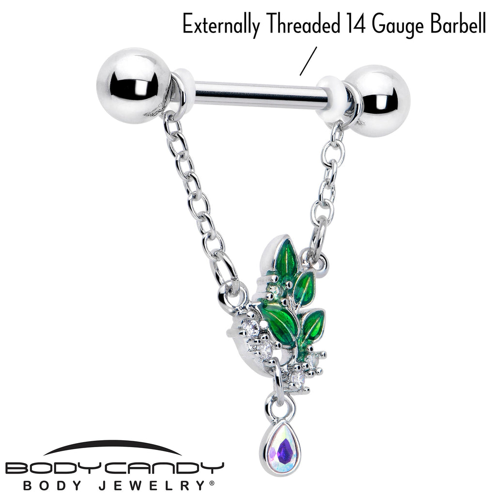 BodyCandy 14G 9/16 Aurora CZ Gem Morning Leaves Chain Dangle Nipple Ring Set — detail close-up