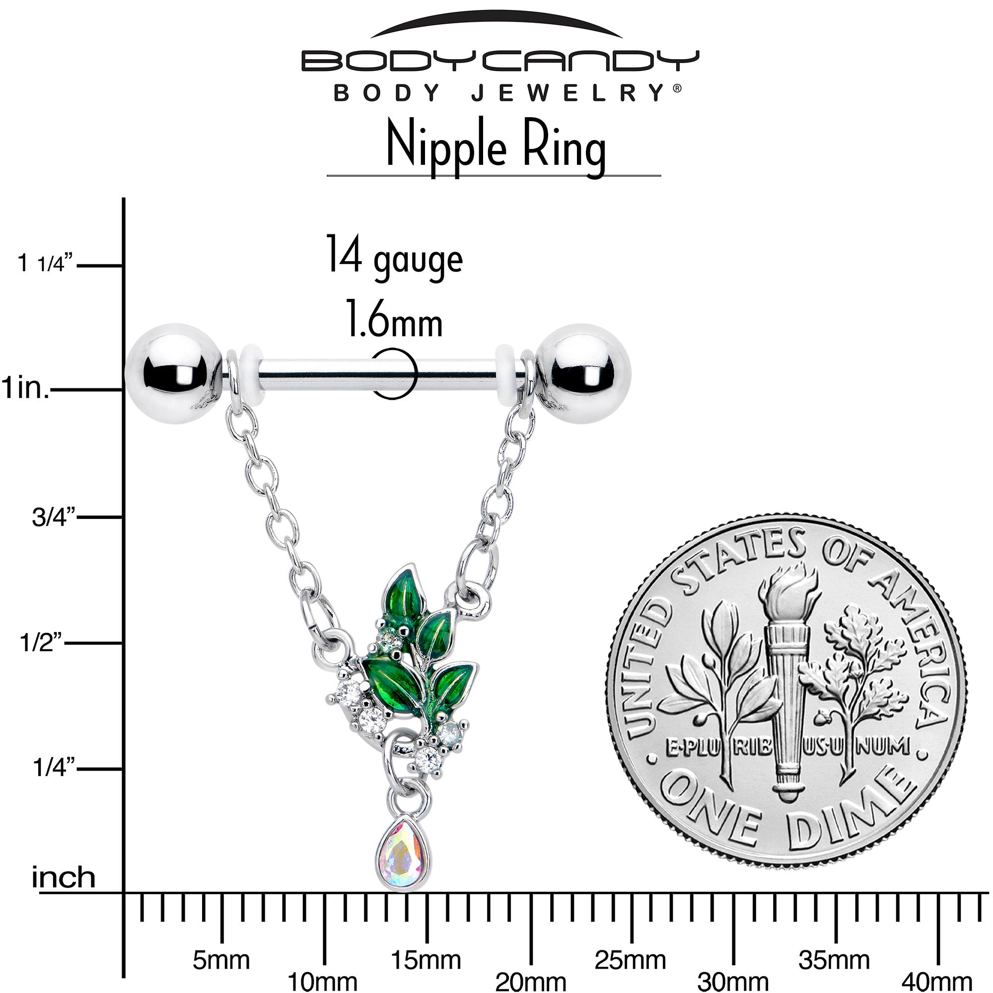 BodyCandy 14G 9/16 Aurora CZ Gem Morning Leaves Chain Dangle Nipple Ring Set — lifestyle context