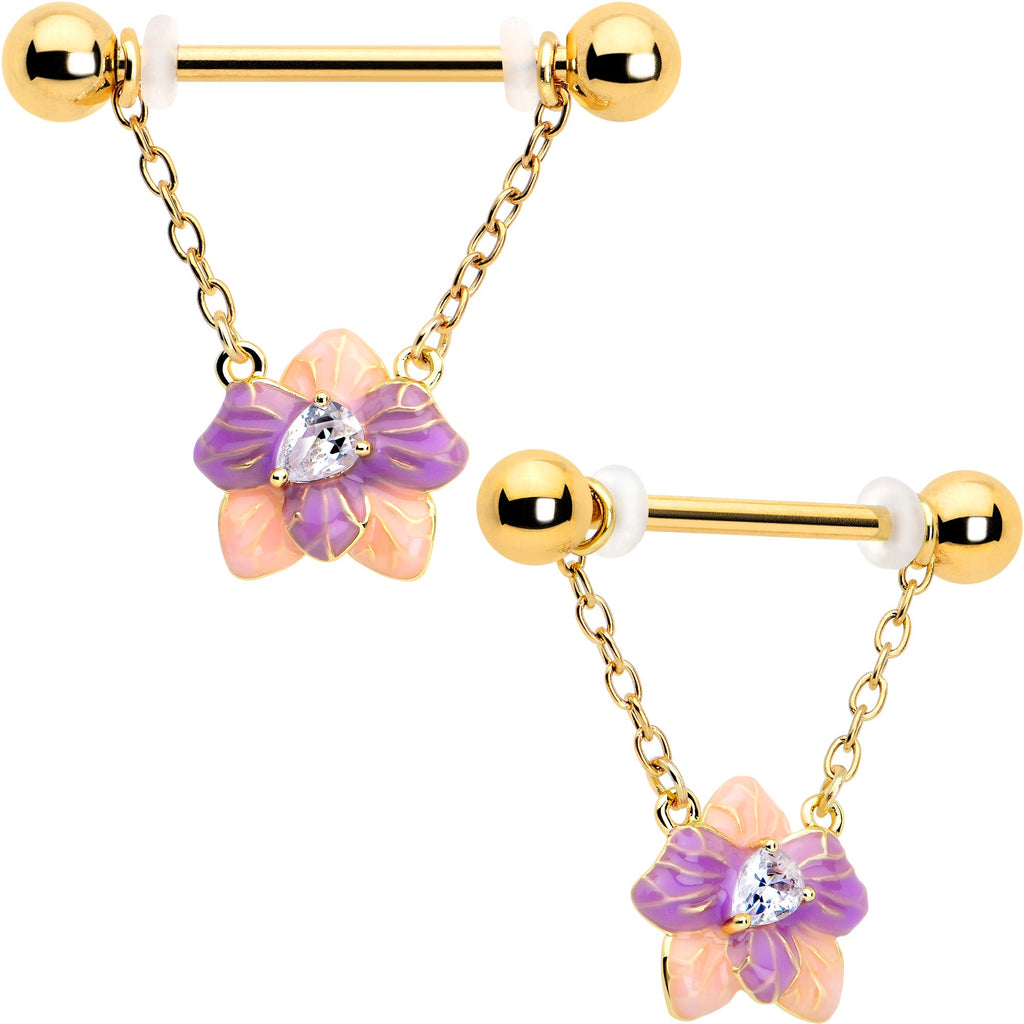 BodyCandy 14G 9/16 Clear Gem Gold Tone Pastel Flower Dangle Nipple Ring Set — main product shot