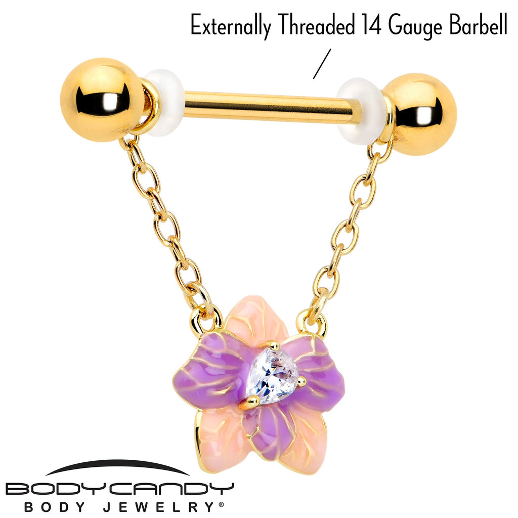 BodyCandy 14G 9/16 Clear Gem Gold Tone Pastel Flower Dangle Nipple Ring Set — detail close-up