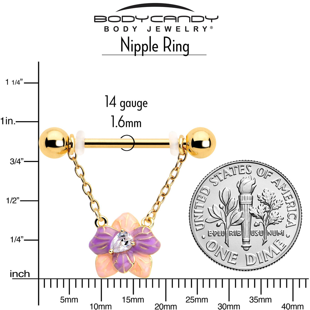 BodyCandy 14G 9/16 Clear Gem Gold Tone Pastel Flower Dangle Nipple Ring Set — lifestyle context