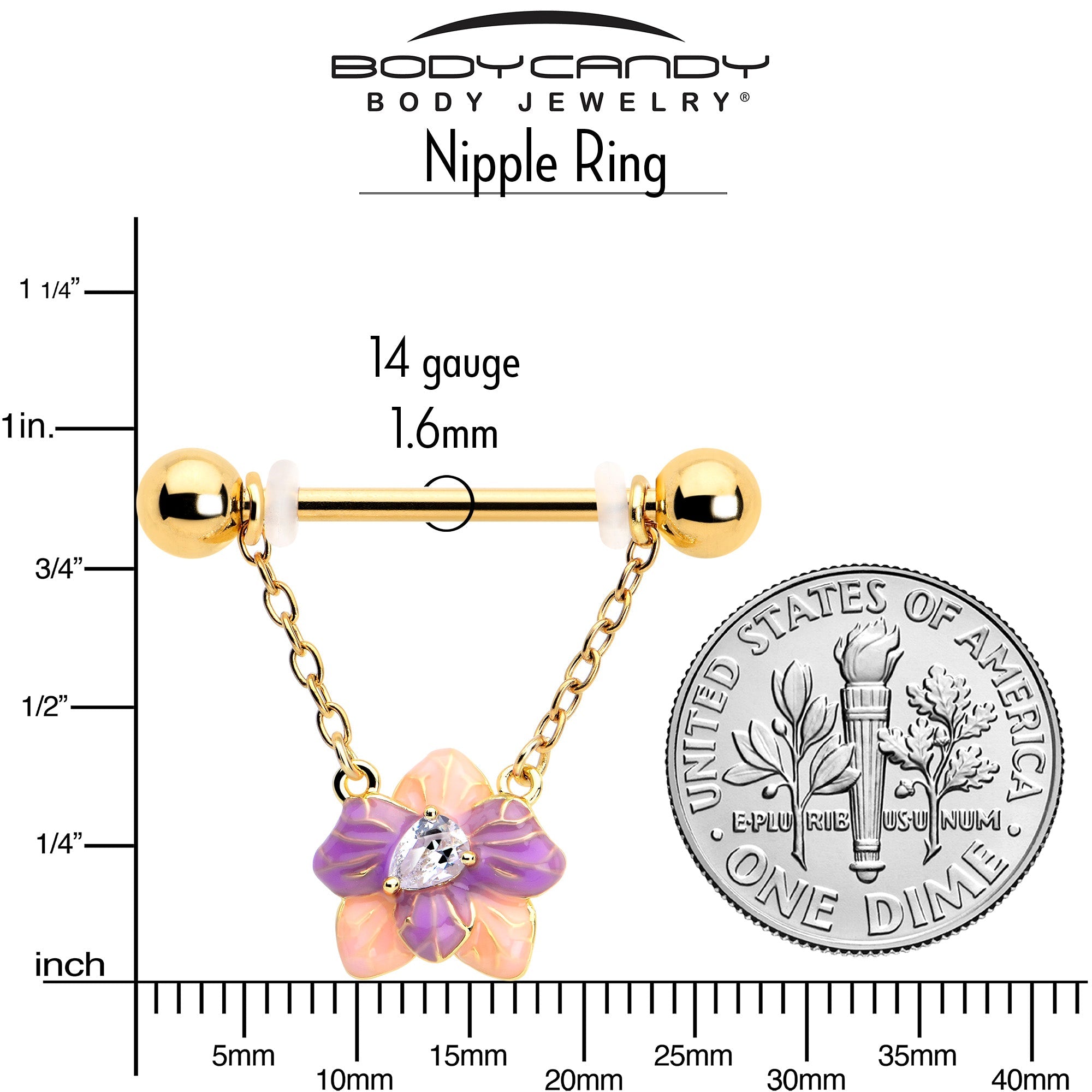 BodyCandy 14G 9/16 Clear Gem Gold Tone Pastel Flower Dangle Nipple Ring Set — lifestyle context