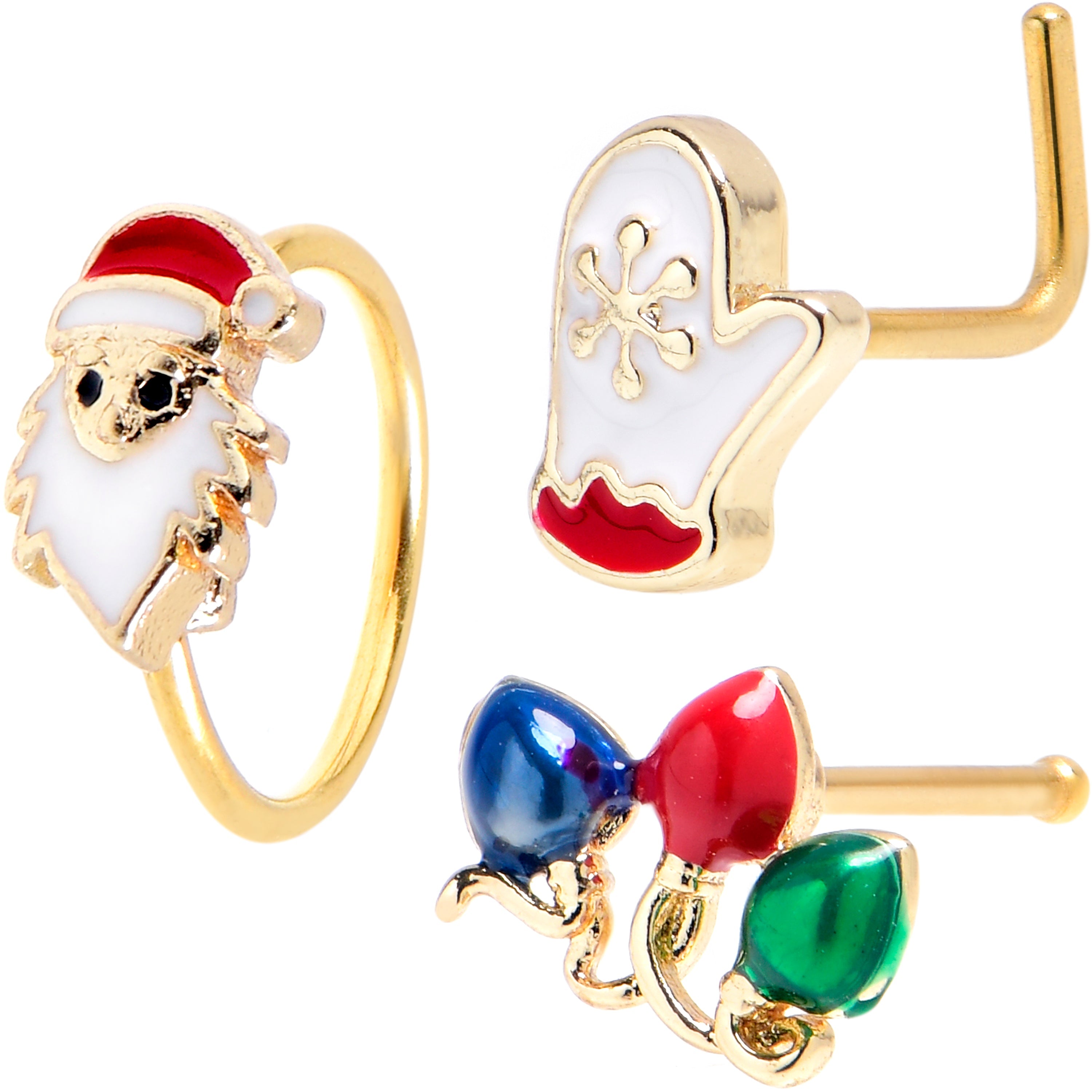 BodyCandy 20G Gold Tone Santa Mitten Lights Nose Bone Hoop Set of 3 — main product shot