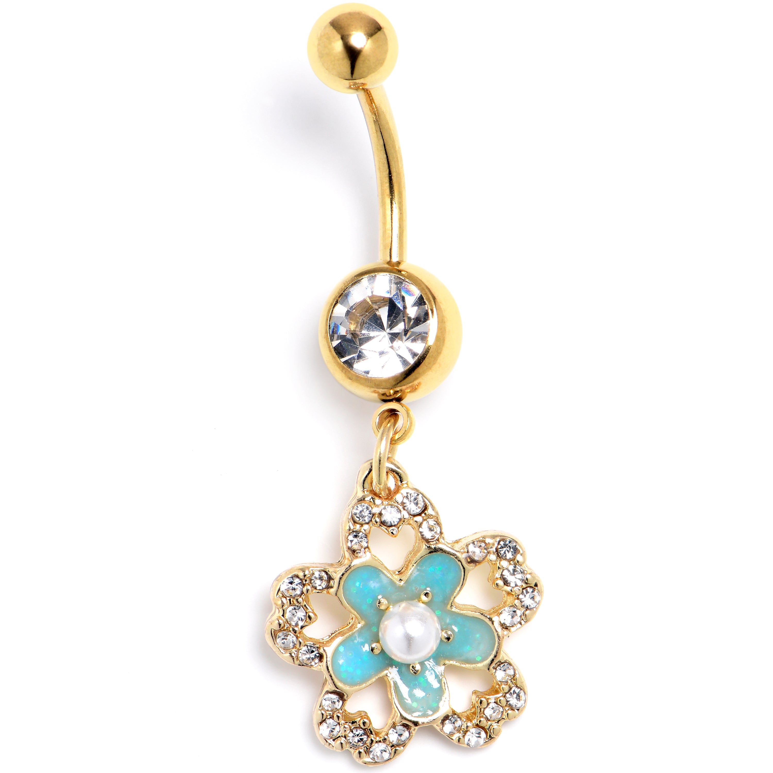 BodyCandy Clear Gem Gold Tone Flower Double Blue Dangle Belly Ring — main product shot