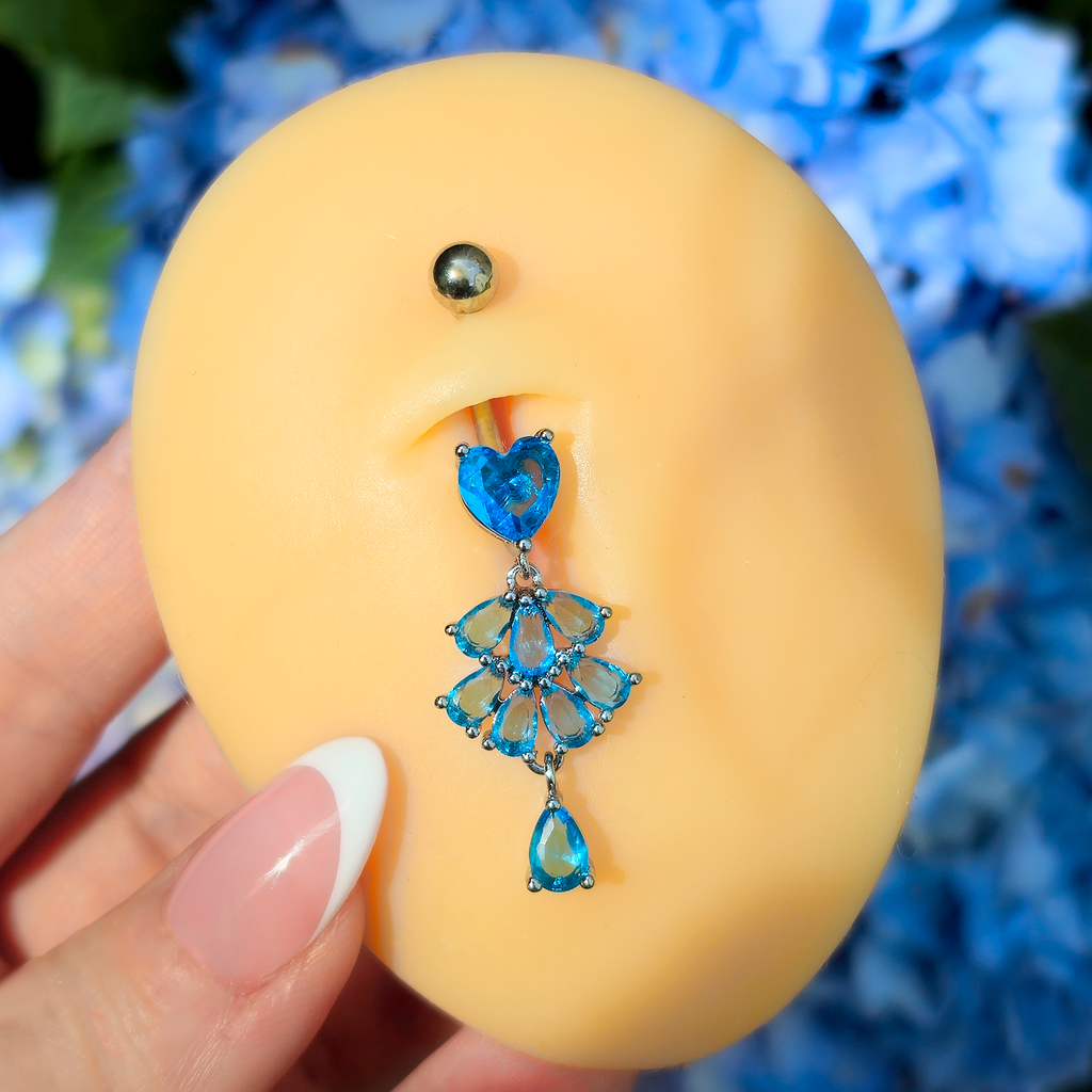 BodyCandy Blue Gem Heart Style Cascade Dangle Belly Ring — detail close-up