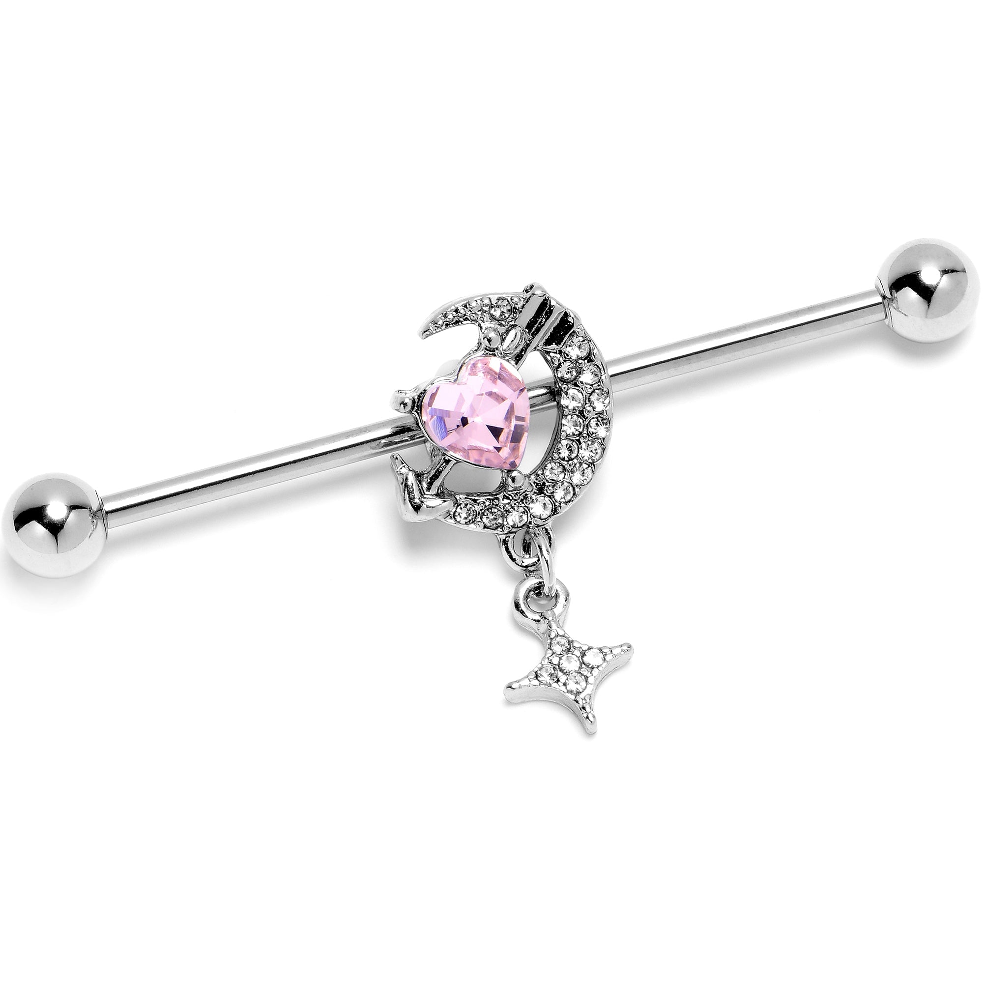 BodyCandy 14G Pink Clear Gem Moon Lover Dangle Industrial Barbell 38mm — main product shot
