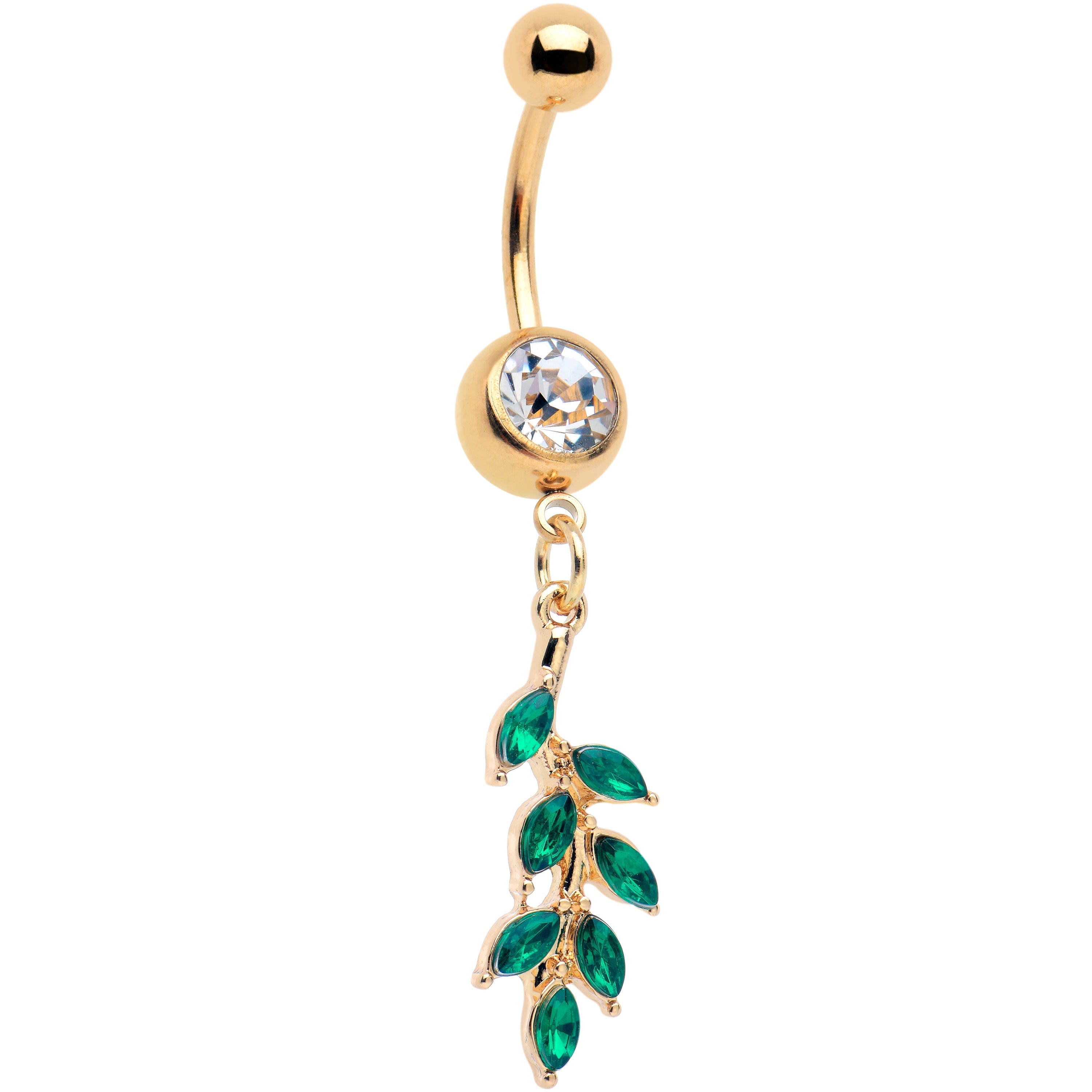 BodyCandy Green Clear Gem Gold Tone Leafy Luscious Branch Dangle Belly Ring — main product shot