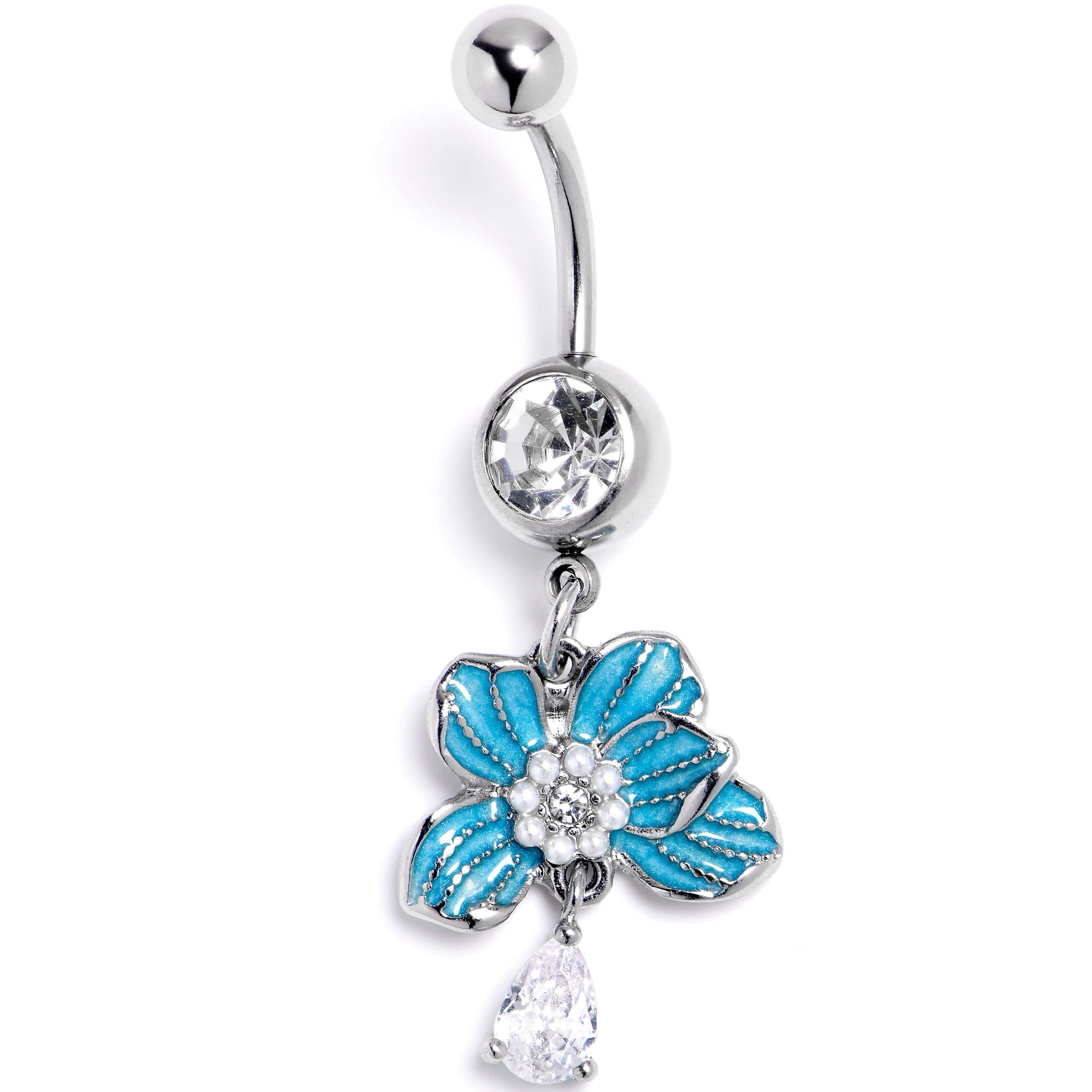 BodyCandy Clear CZ Gem Flower Blue Blossom Dangle Belly Ring — main product shot