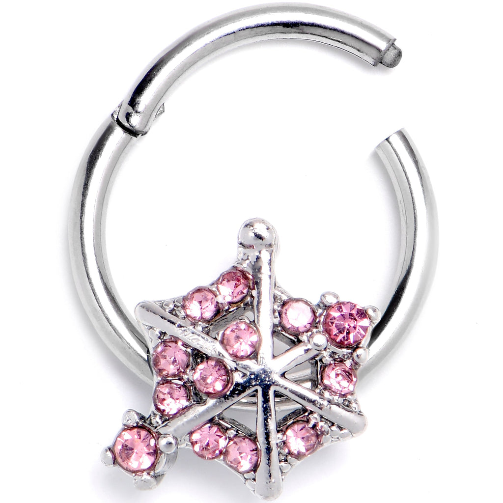 BodyCandy 16G 3/8 Pink Gem Spiderweb Goth Hinged Segment Ring — detail close-up