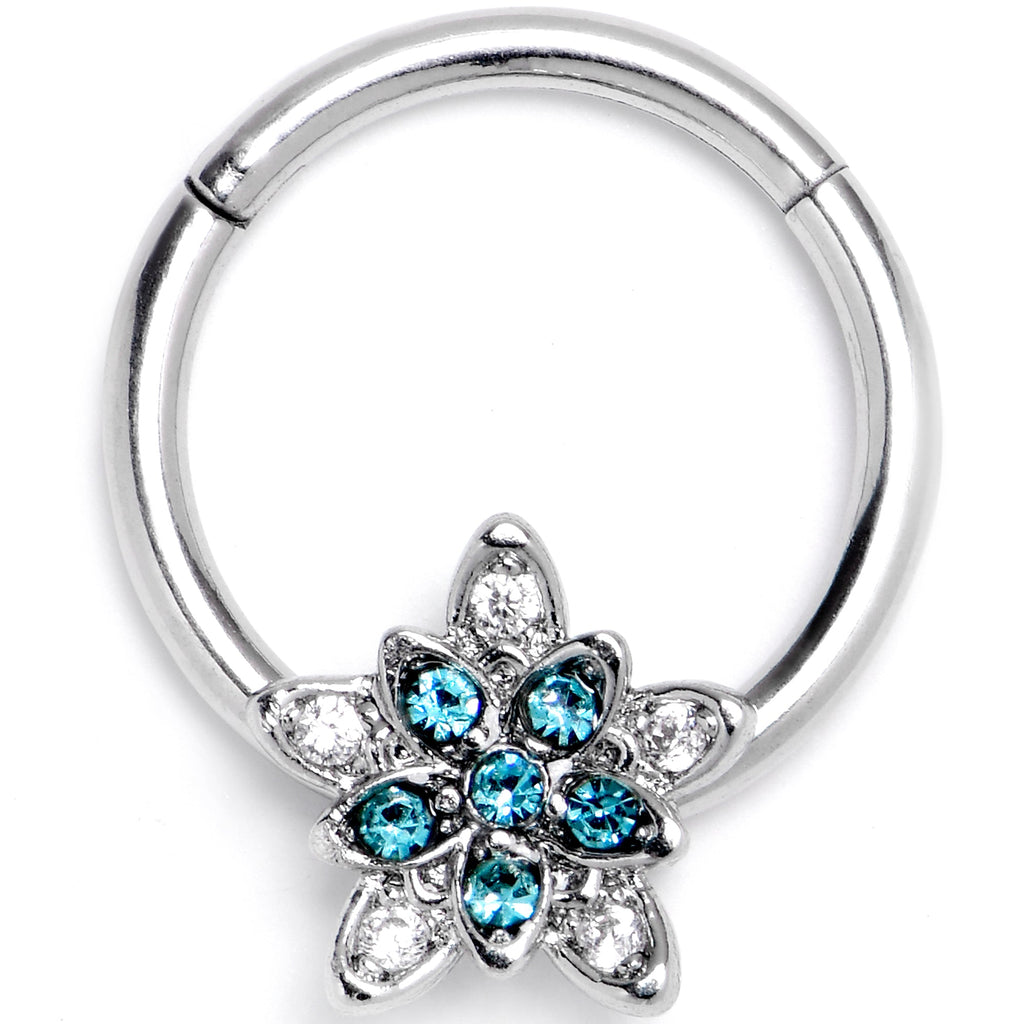 BodyCandy 16G 3/8 Blue Clear CZ Gem Snowflake Flower Hinged Segment Ring — main product shot