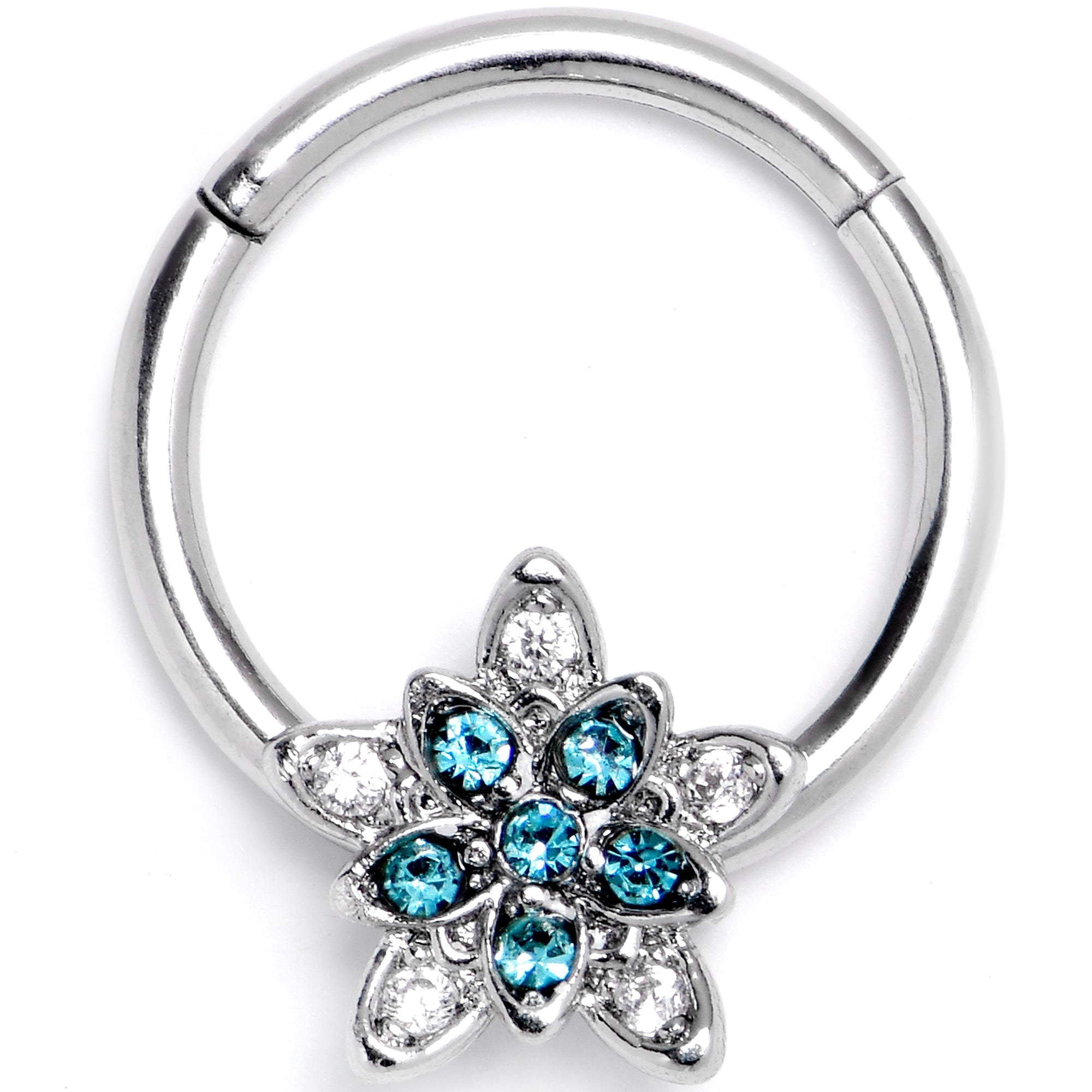 BodyCandy 16G 3/8 Blue Clear CZ Gem Snowflake Flower Hinged Segment Ring — main product shot