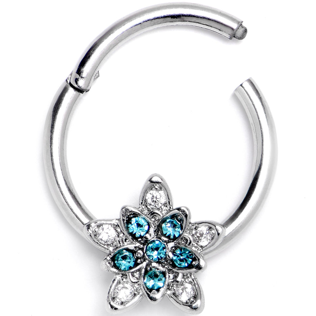 BodyCandy 16G 3/8 Blue Clear CZ Gem Snowflake Flower Hinged Segment Ring — detail close-up