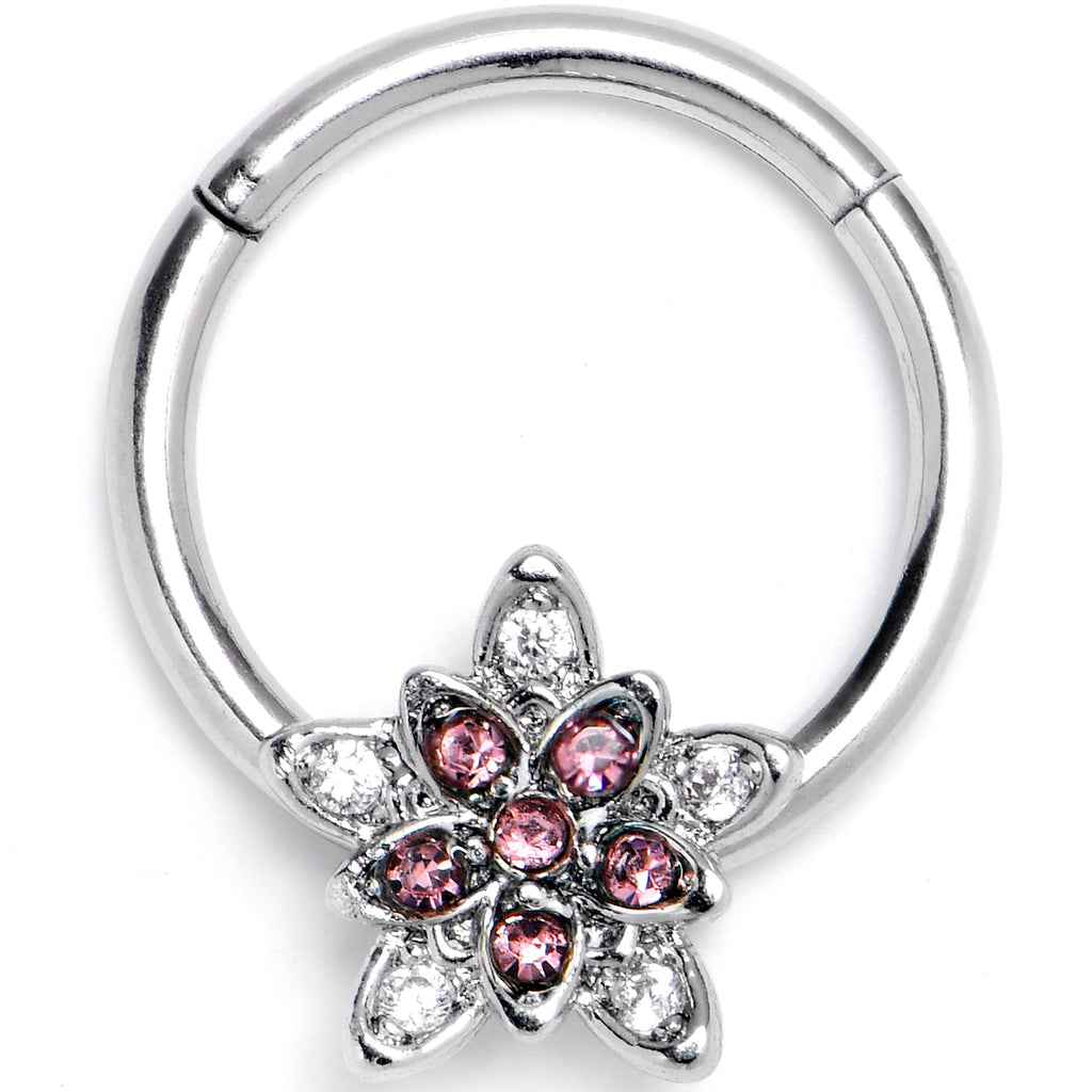 BodyCandy 16G 3/8 Pink Clear CZ Gem Snowflake Flower Hinged Segment Ring — main product shot