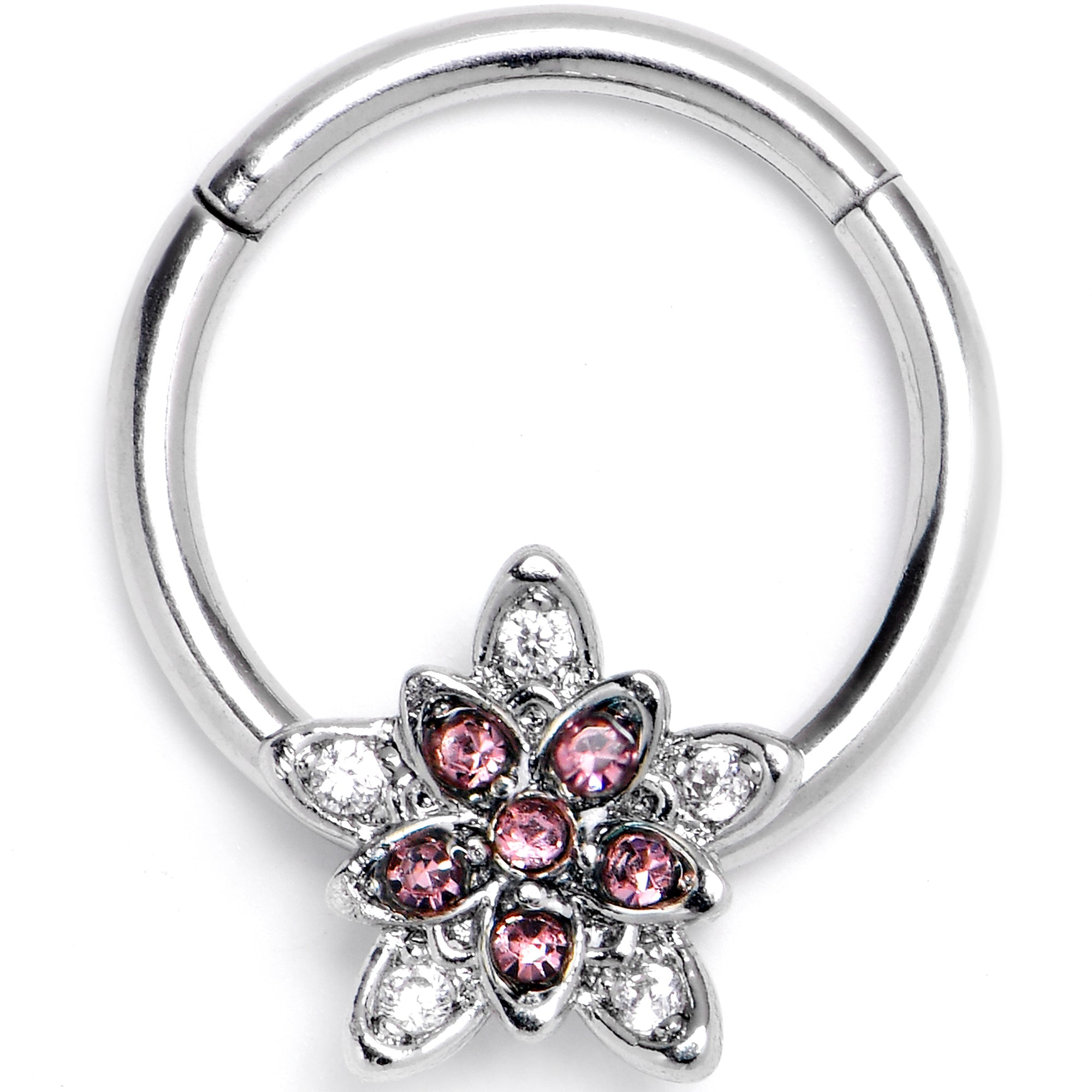 BodyCandy 16G 3/8 Pink Clear CZ Gem Snowflake Flower Hinged Segment Ring — main product shot
