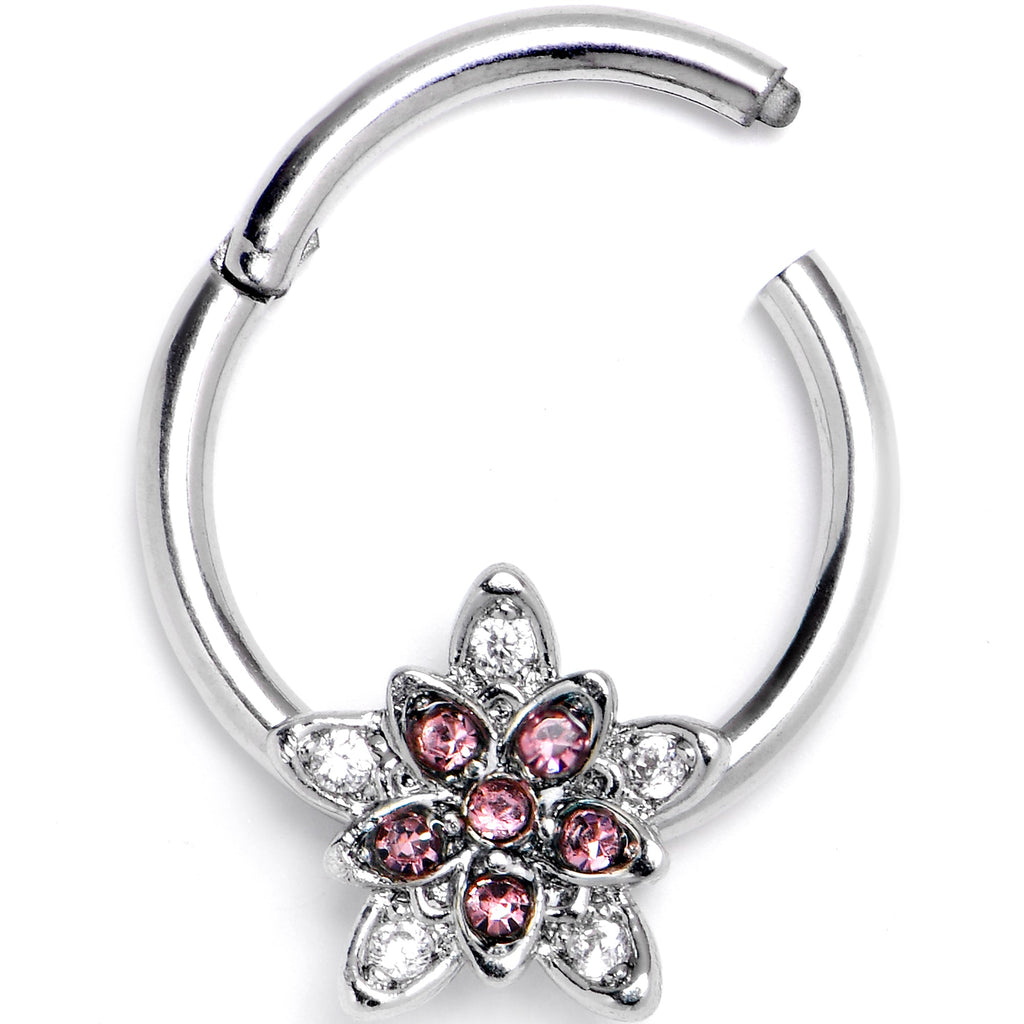 BodyCandy 16G 3/8 Pink Clear CZ Gem Snowflake Flower Hinged Segment Ring — detail close-up