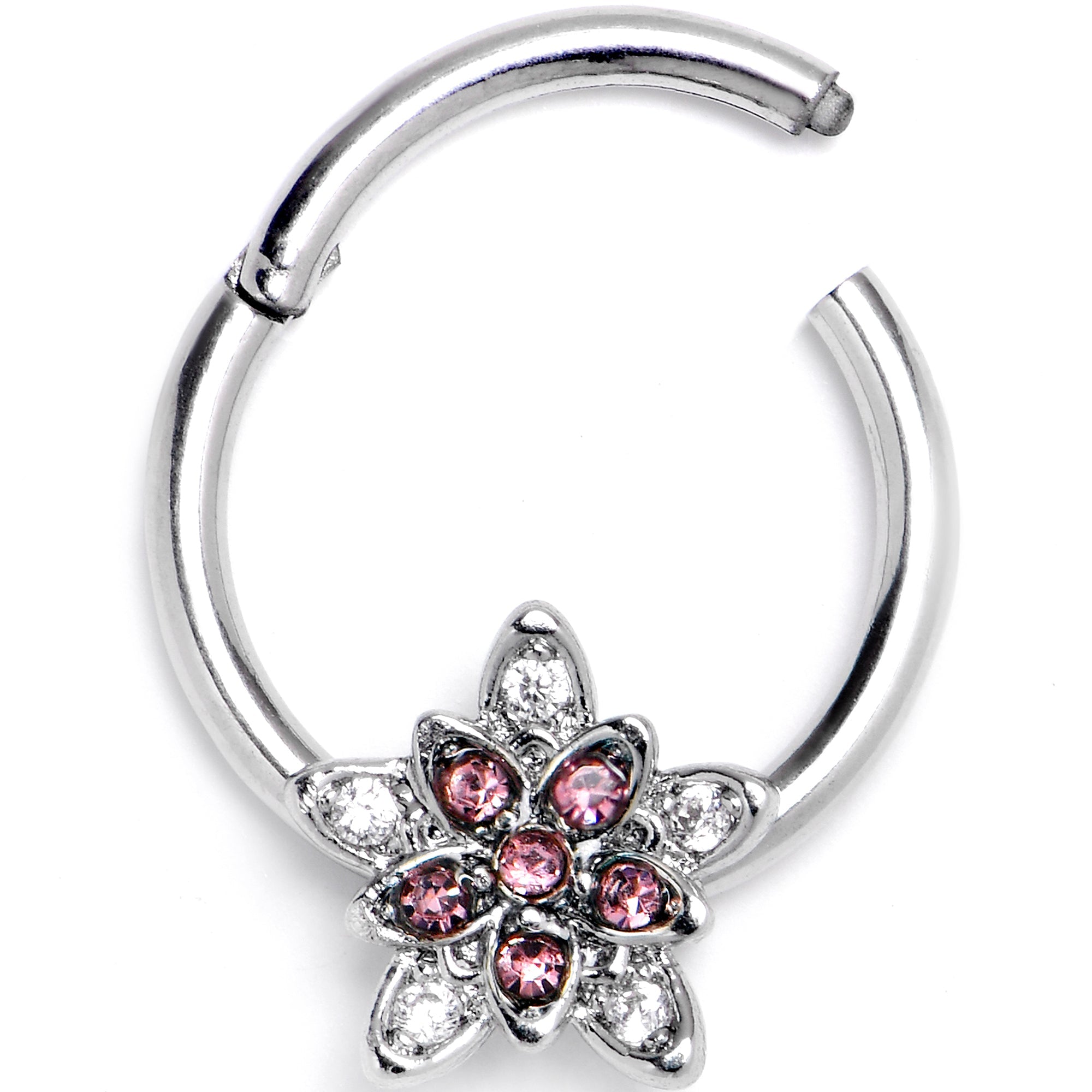 BodyCandy 16G 3/8 Pink Clear CZ Gem Snowflake Flower Hinged Segment Ring — detail close-up