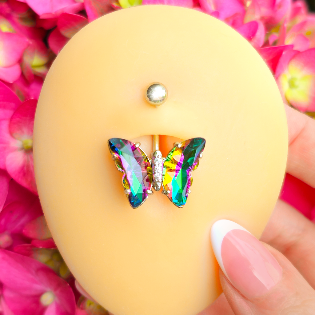 BodyCandy Vitrail Clear CZ Gem Simply Colorful Butterfly Belly Ring — detail close-up