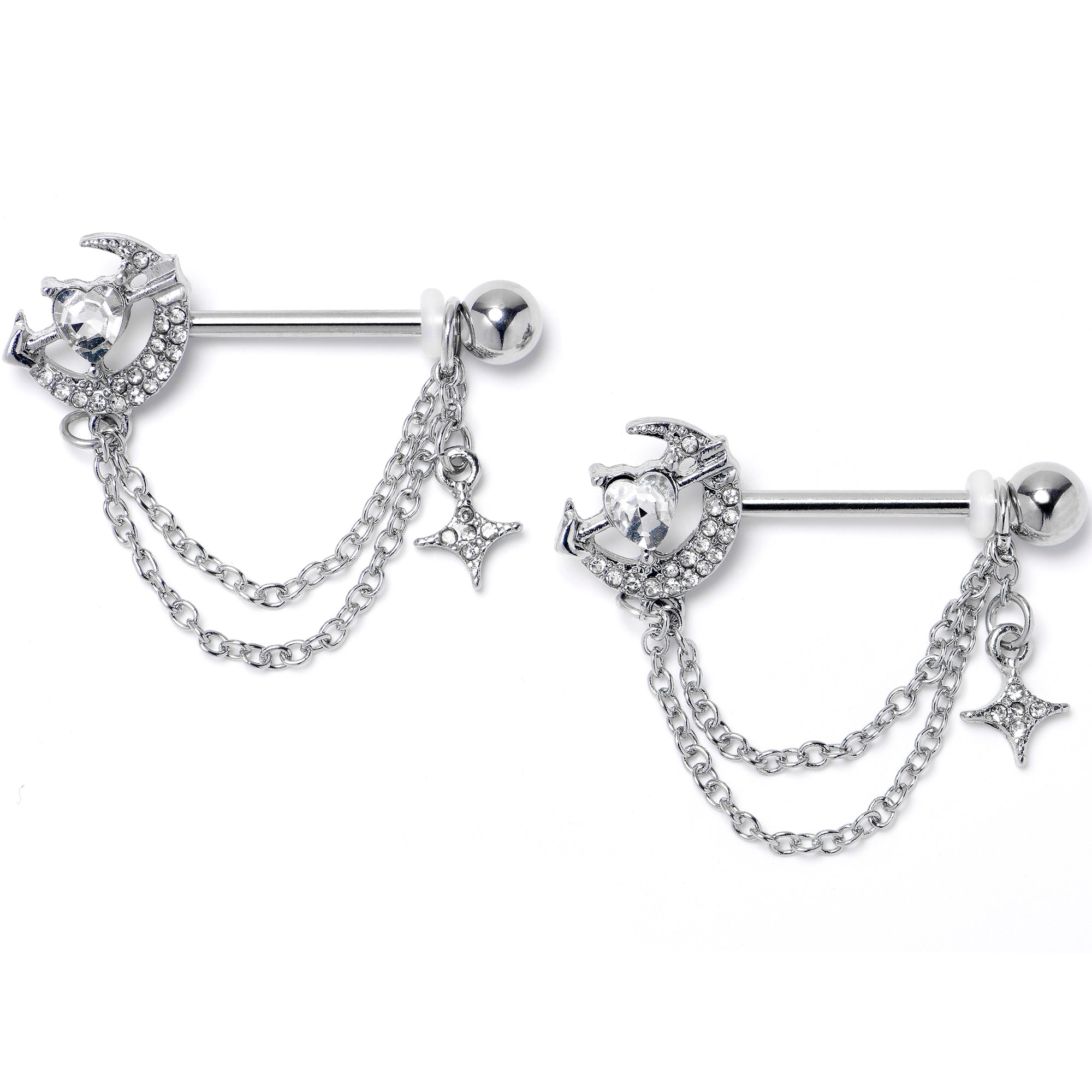 BodyCandy 14G 9/16 Clear Gem Moon Lover Chain Dangle Nipple Ring Set — main product shot