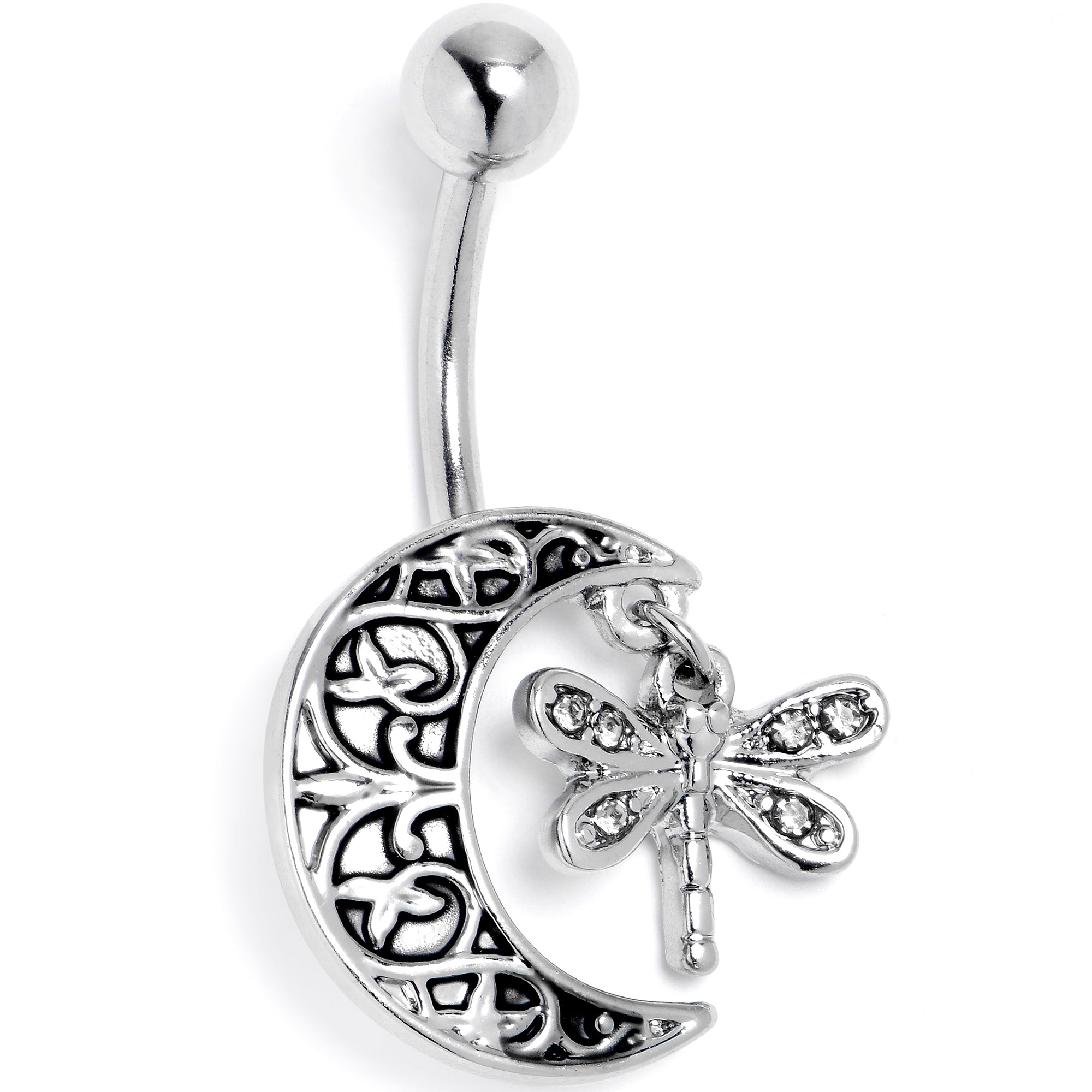 BodyCandy Clear Gem Dragonfly Friend Crescent Moon Dangle Belly Ring — main product shot