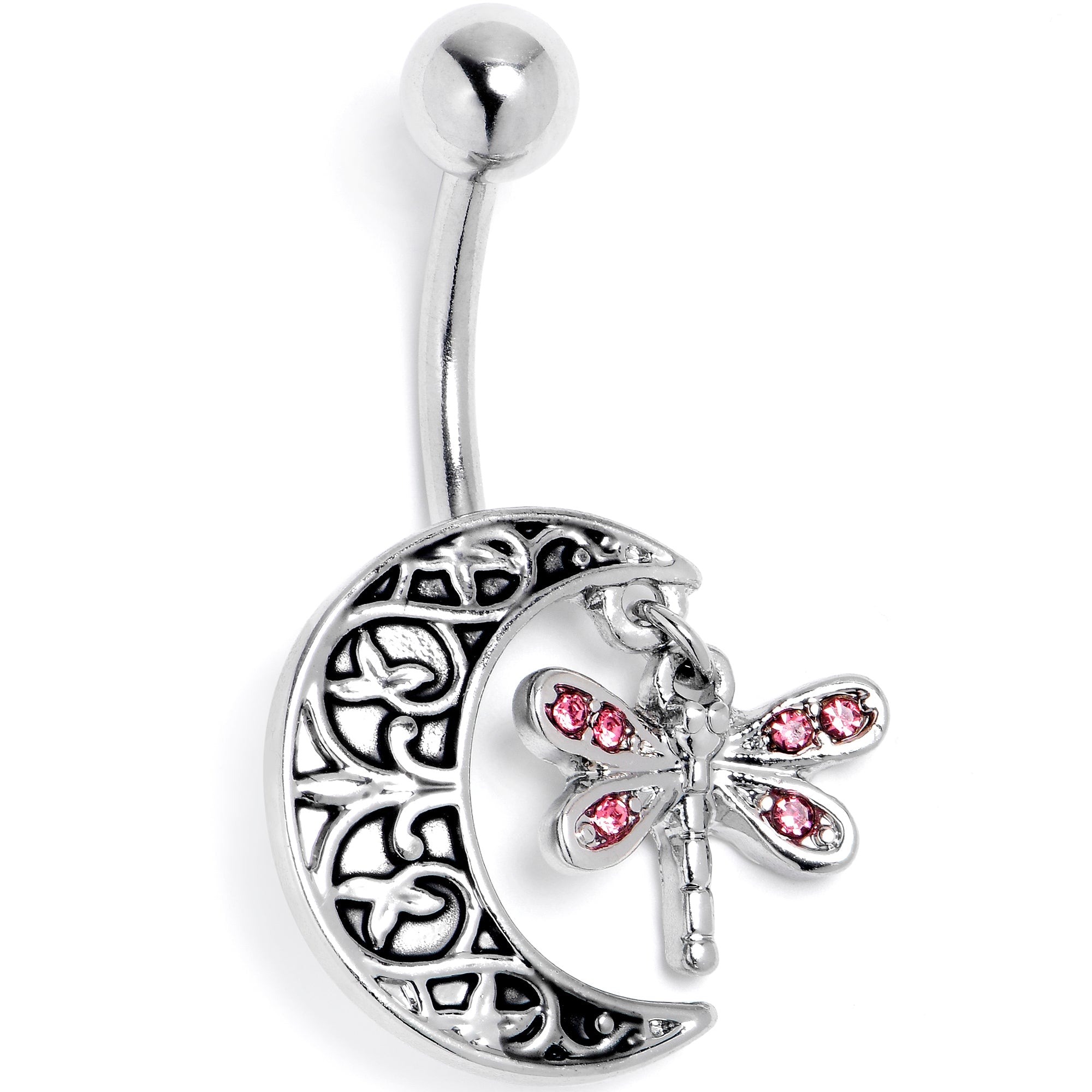 BodyCandy Pink Gem Dragonfly Friend Crescent Moon Dangle Belly Ring — main product shot
