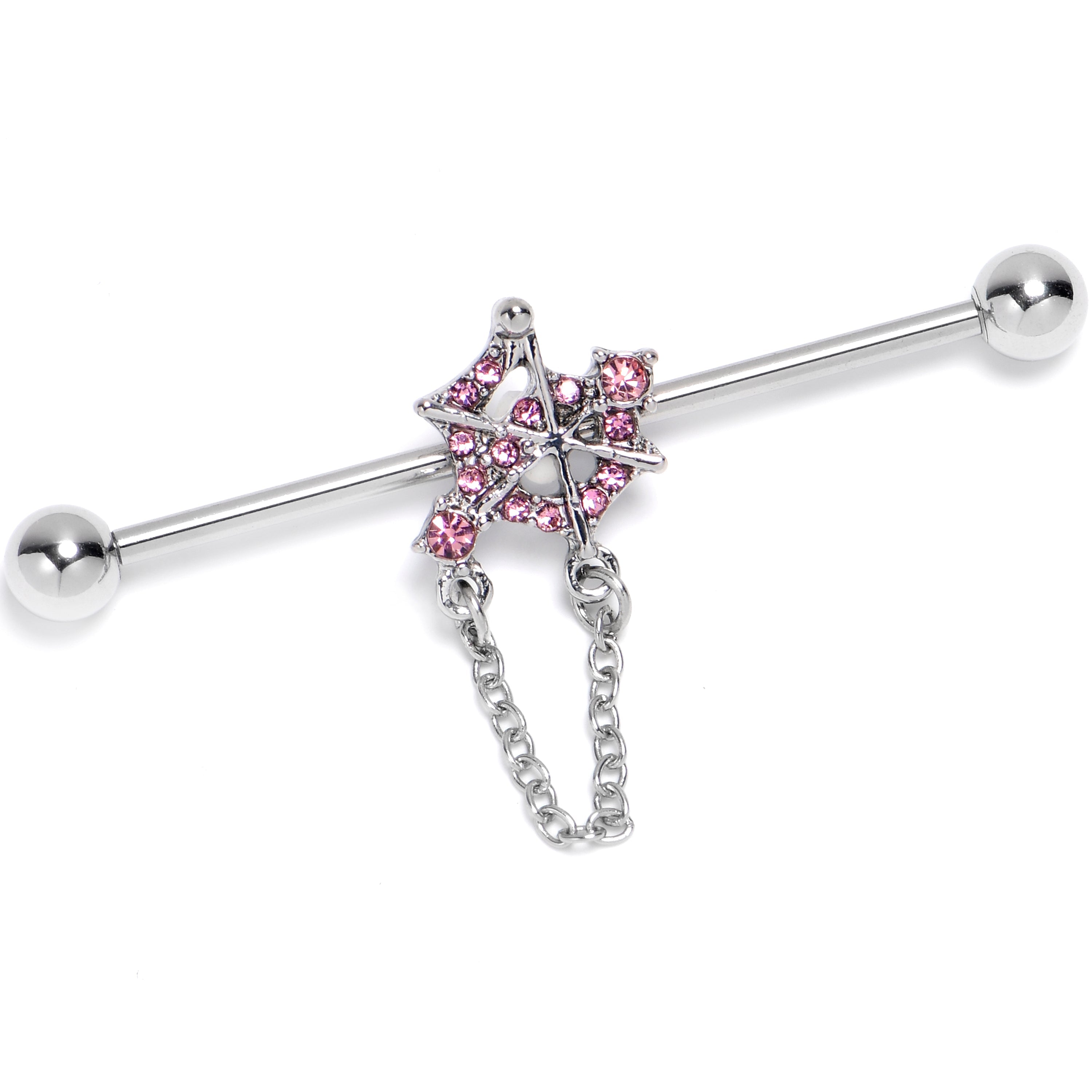 BodyCandy 14G Pink Gem Spiderweb Chain Dangle Industrial Barbell 38mm — main product shot