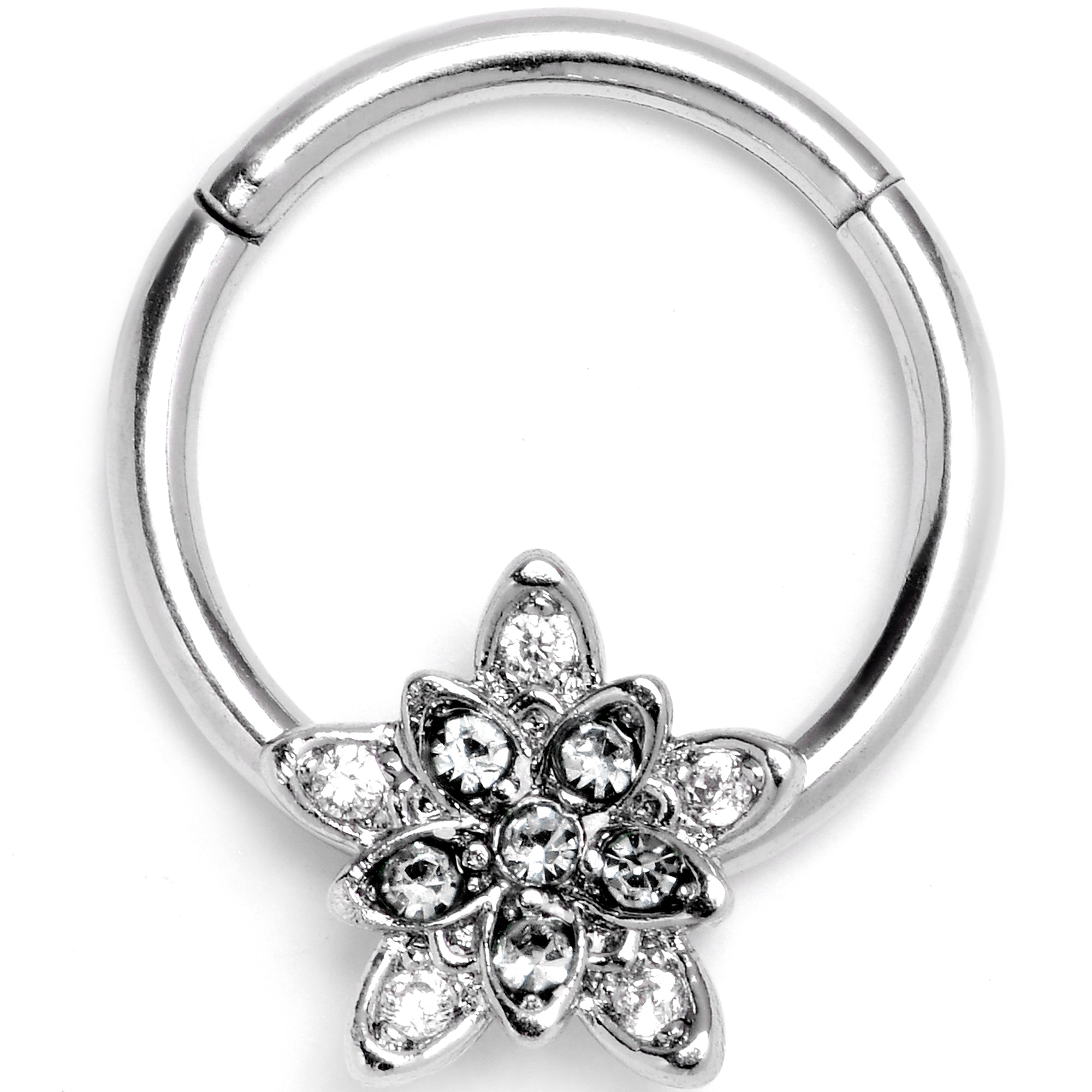 BodyCandy 16G 3/8 Clear CZ Gem Snowflake Flower Hinged Segment Ring — main product shot