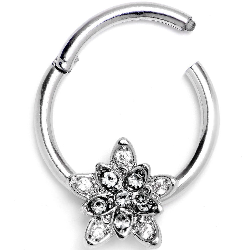 BodyCandy 16G 3/8 Clear CZ Gem Snowflake Flower Hinged Segment Ring — detail close-up