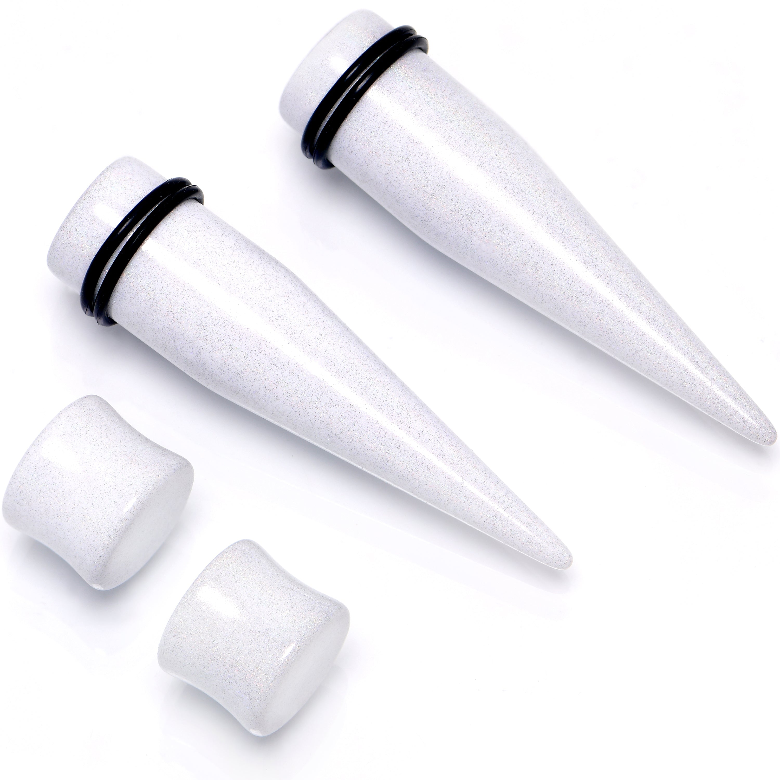BodyCandy White Acrylic Shimmer Finish Taper Plug Set 6mm to 20mm Sizes — in-use photo