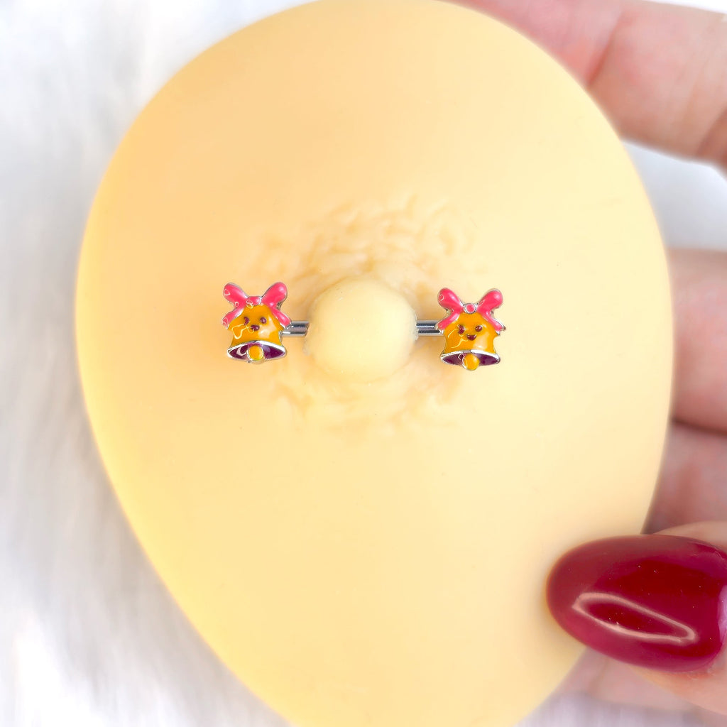 BodyCandy 14G 9/16 Holiday Bell Bling Barbell Nipple Ring Set — lifestyle context