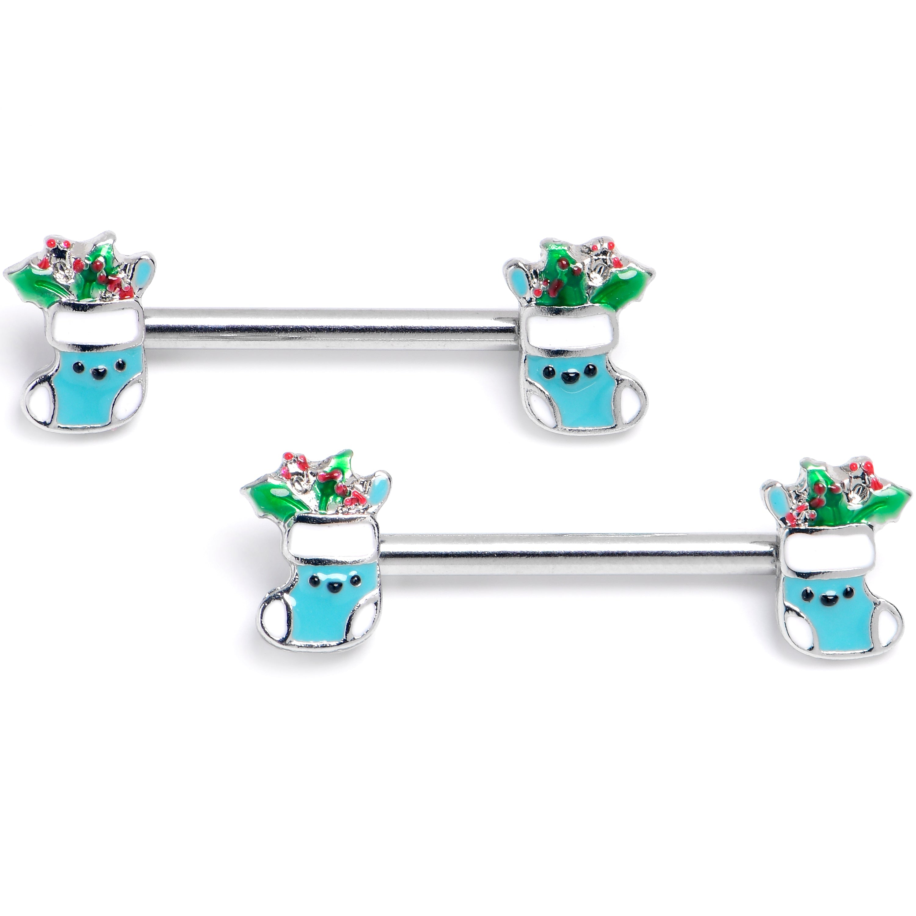 BodyCandy 14G 9/16 Festive Blue Christmas Stocking Barbell Nipple Ring Set — main product shot