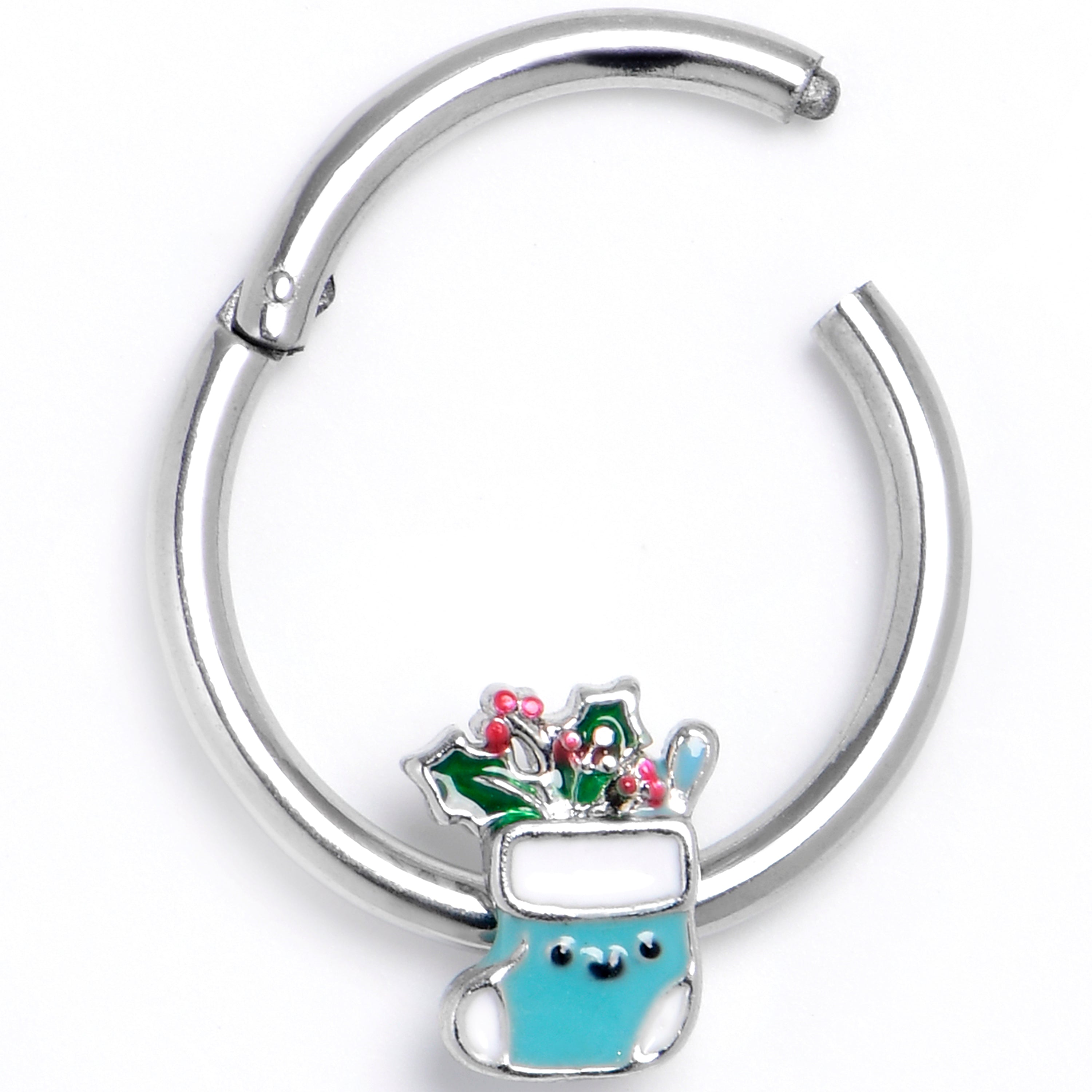 BodyCandy 16G 3/8 Festive Blue Christmas Stocking Hinged Segment Ring — main product shot
