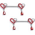 BodyCandy 14G 9/16 Red CZ Gem Asymmetrical Heart Dangle Nipple Ring Set — main product shot