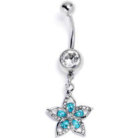 Clear Blue Gem Double Flower Glam Dangle Belly Ring