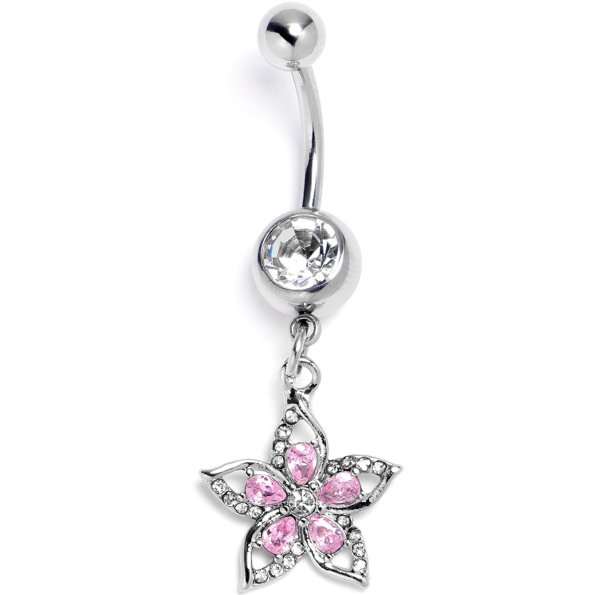 BodyCandy Pink Clear Gem Double Flower Glam Dangle Belly Ring — main product shot