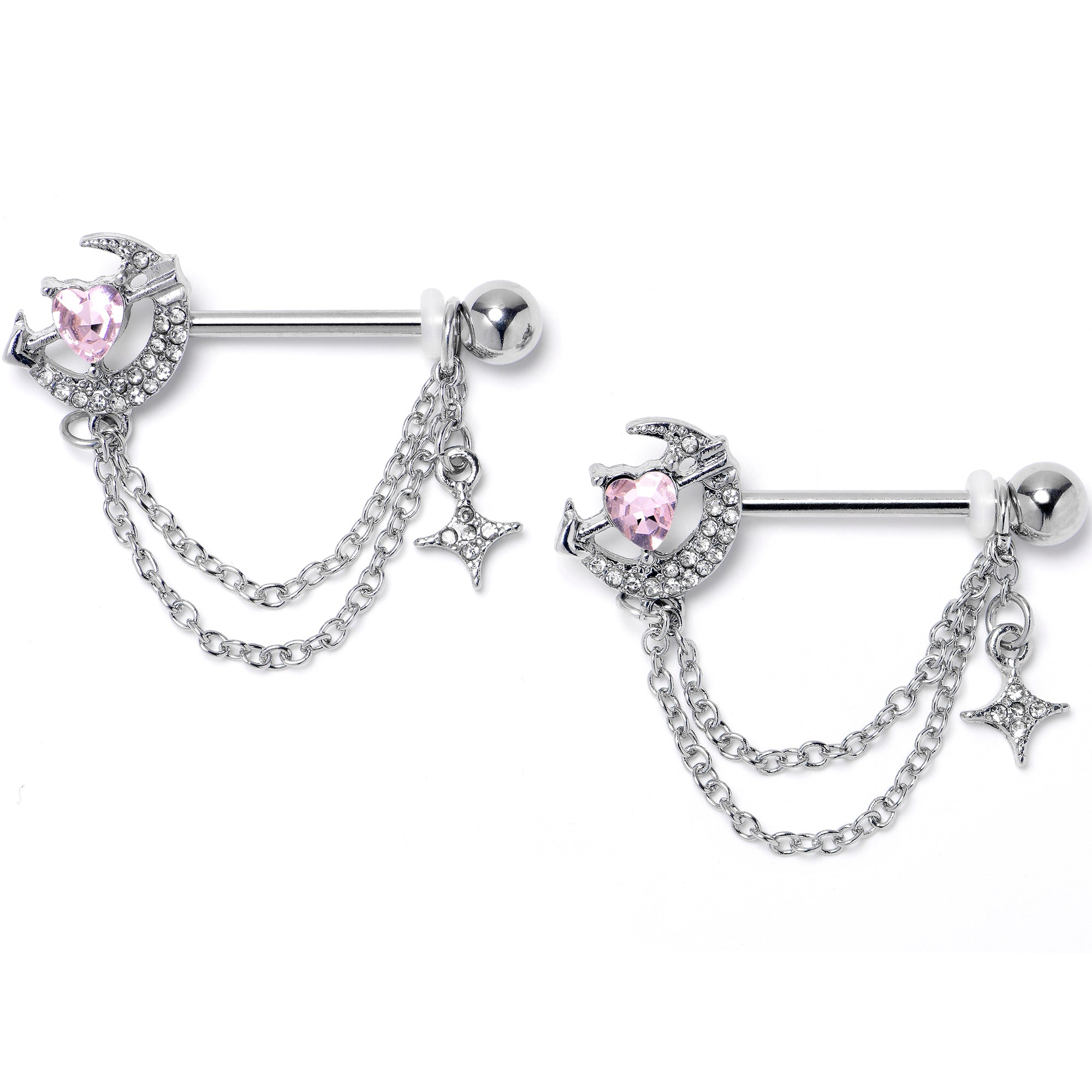 BodyCandy 14G 9/16 Pink Clear Gem Moon Lover Chain Dangle Nipple Ring Set — main product shot