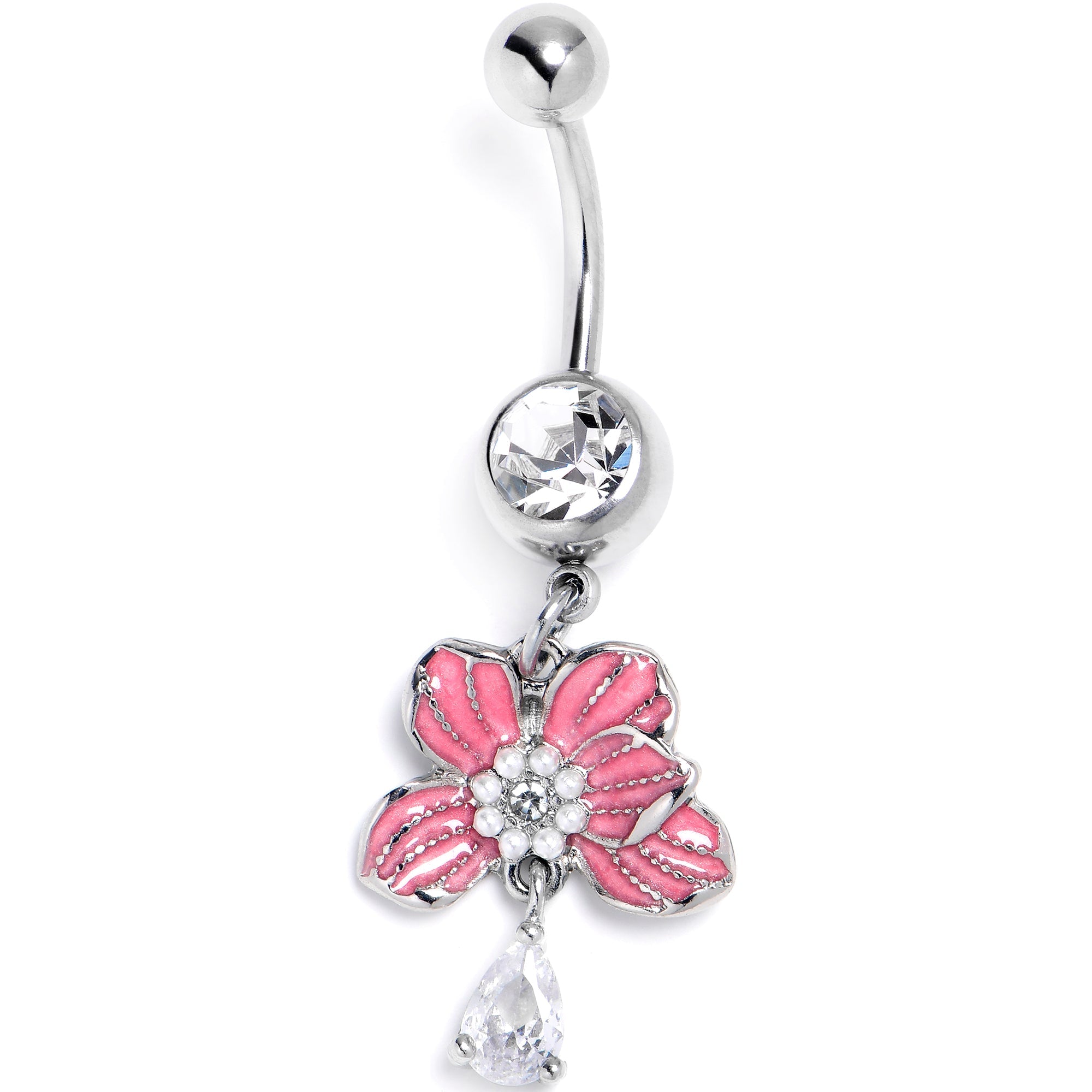 BodyCandy Clear CZ Gem Flower Pink Blossom Dangle Belly Ring — main product shot