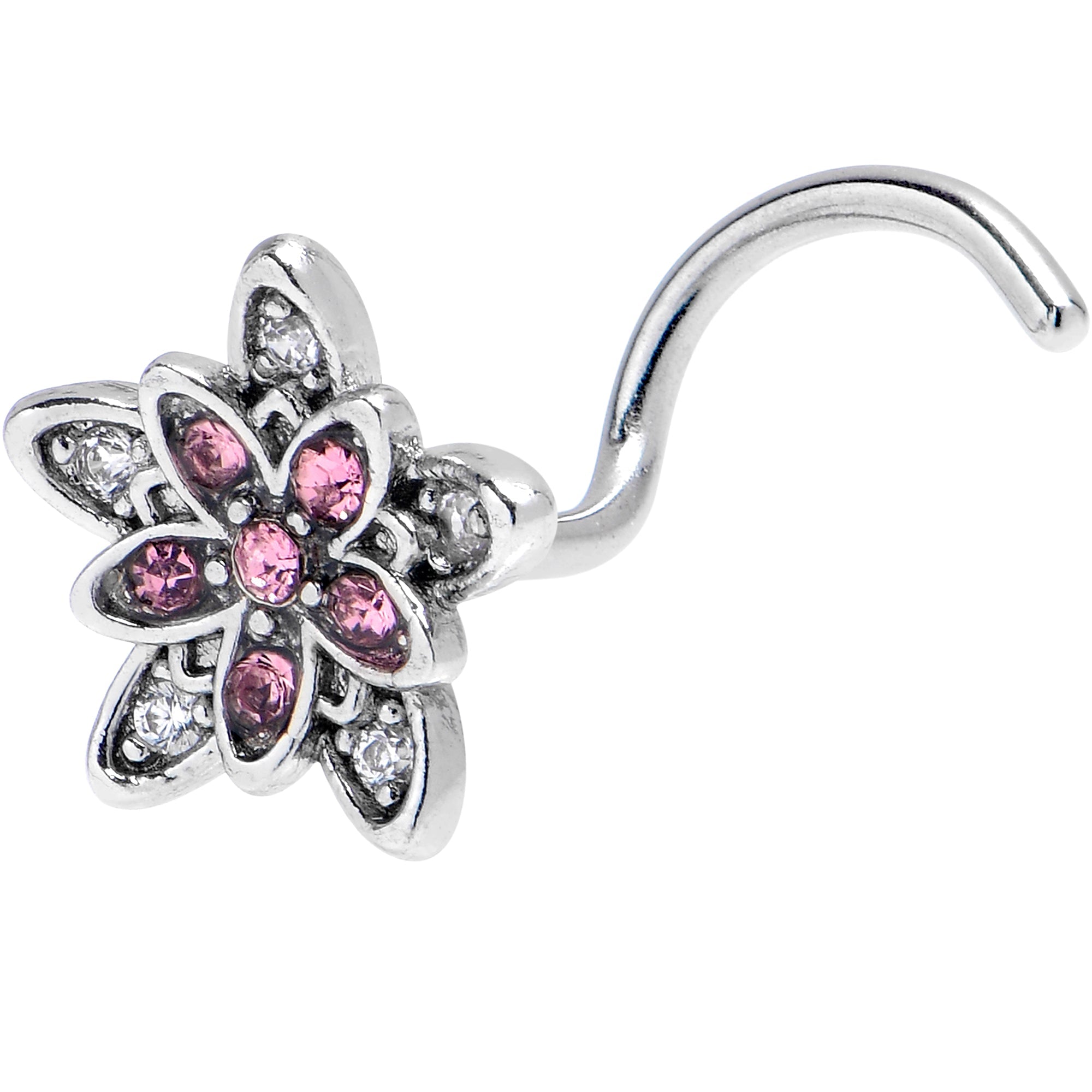 BodyCandy 20G 7mm Pink CZ Gem Snowflake Flower Left Side Nose Screw — main product shot