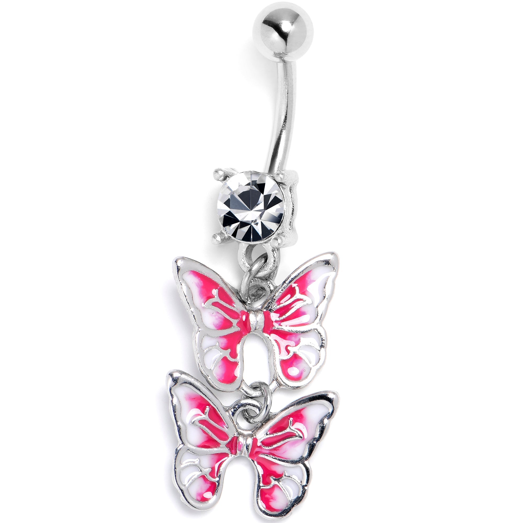 BodyCandy Clear CZ Gem Butterfly Duo Pink Dangle Belly Ring — main product shot