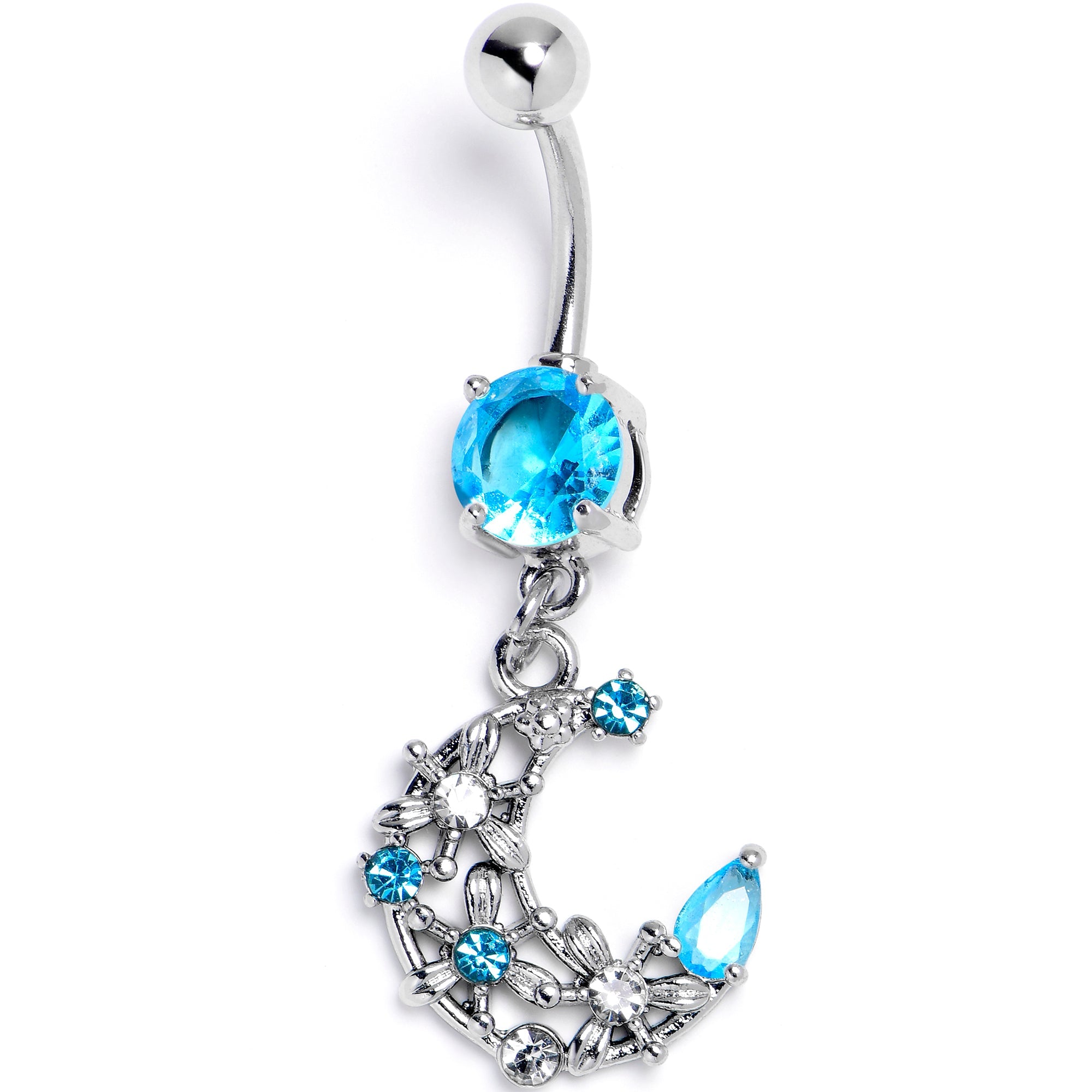 BodyCandy Blue Clear Gem Flower Moon Dangle Belly Ring — main product shot