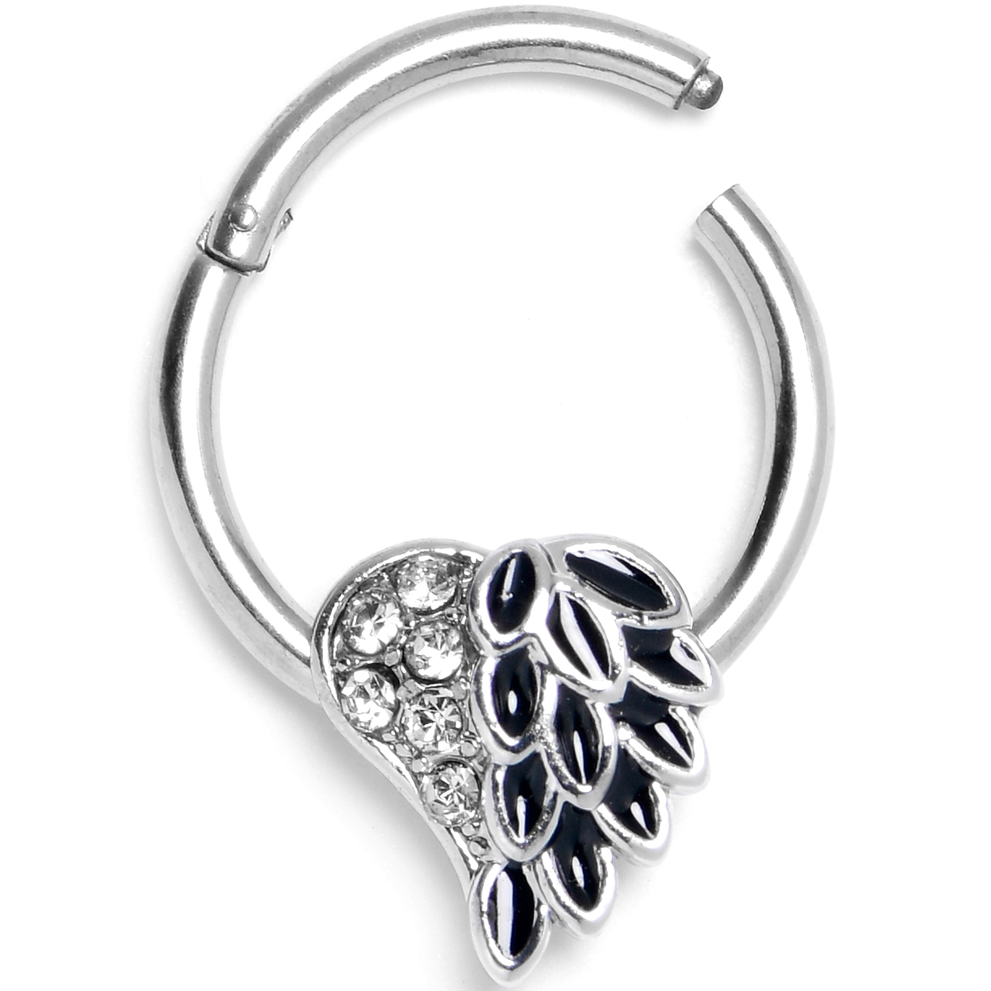 BodyCandy 16G 3/8 Black Heavenly Heart Angel Wings Hinged Segment Ring — main product shot