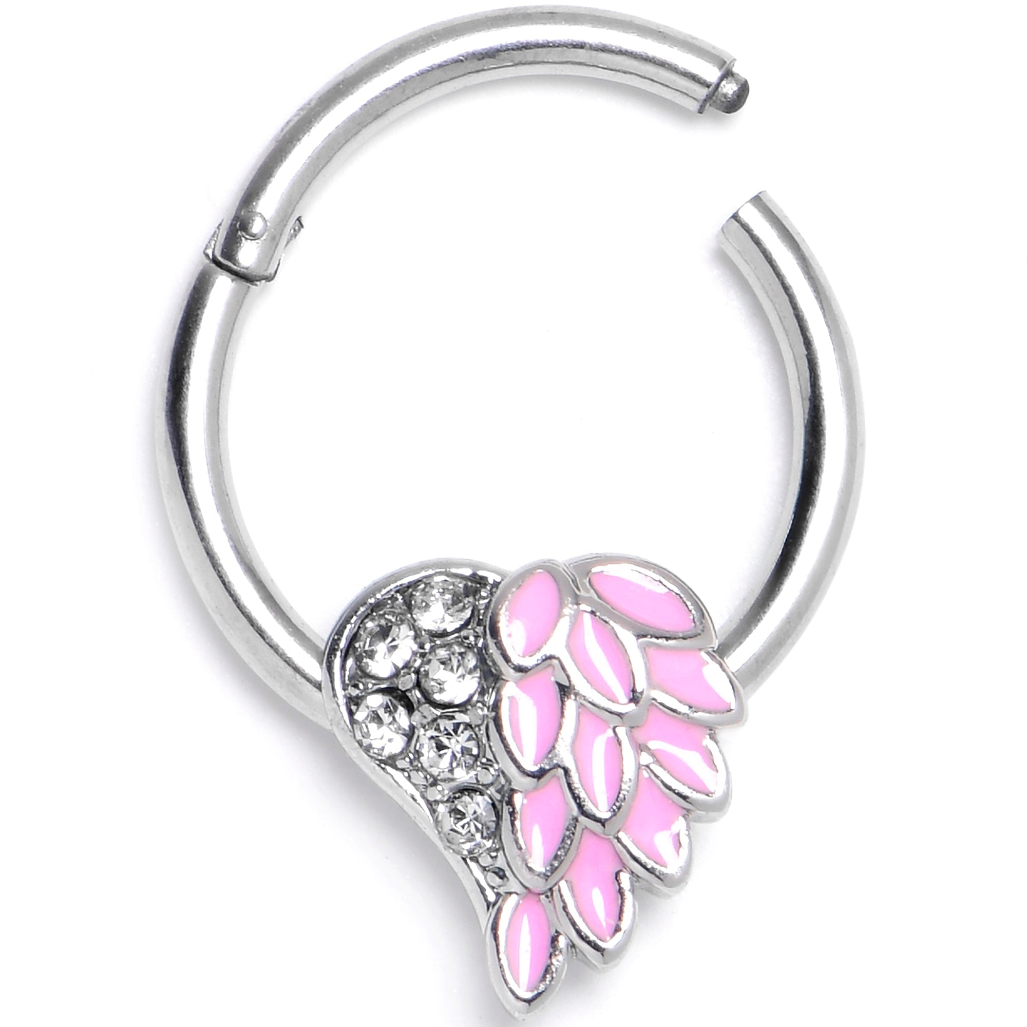 BodyCandy 16G 3/8 Pink Heavenly Heart Angel Wings Hinged Segment Ring — main product shot