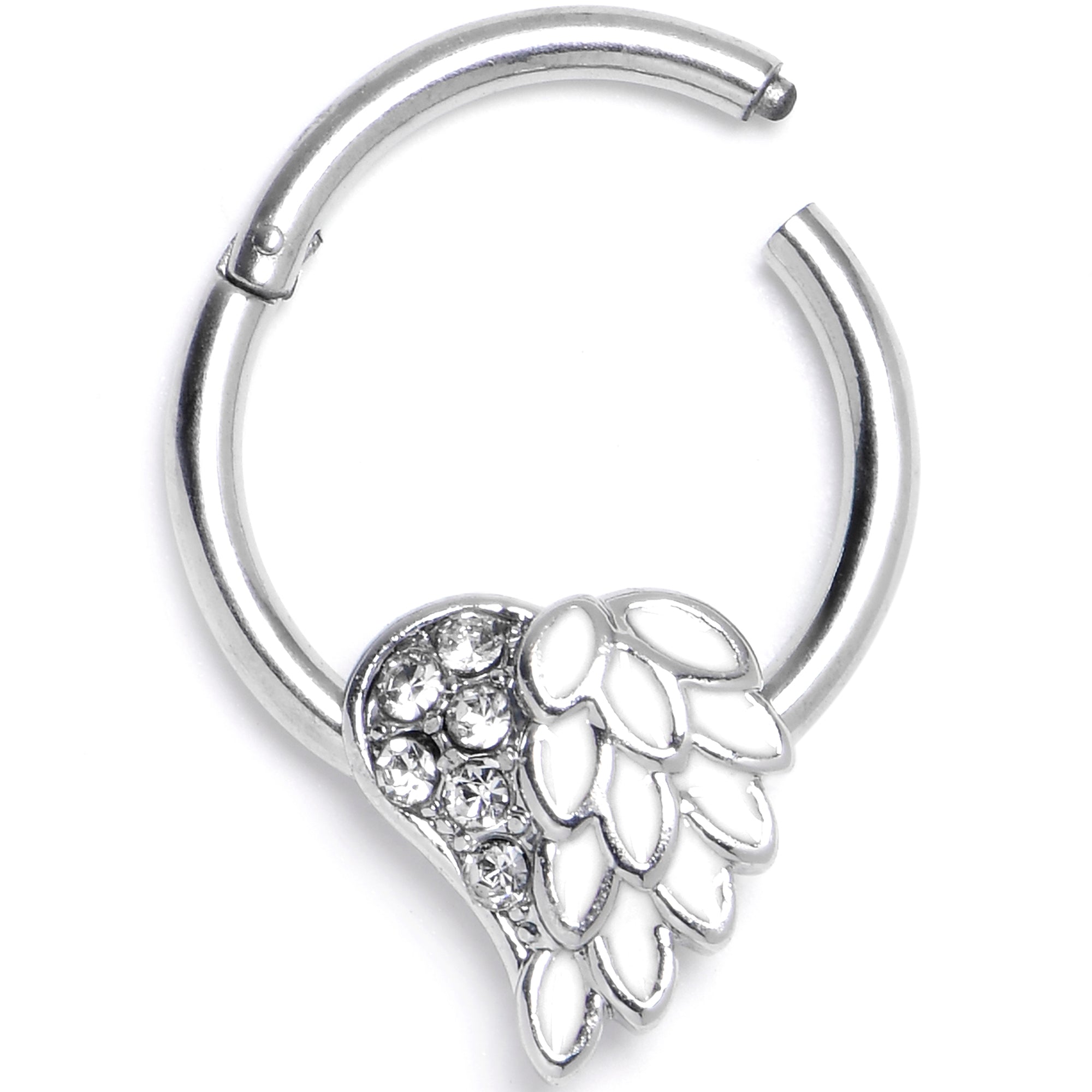 BodyCandy 16G 3/8 White Heavenly Heart Angel Wings Hinged Segment Ring — main product shot