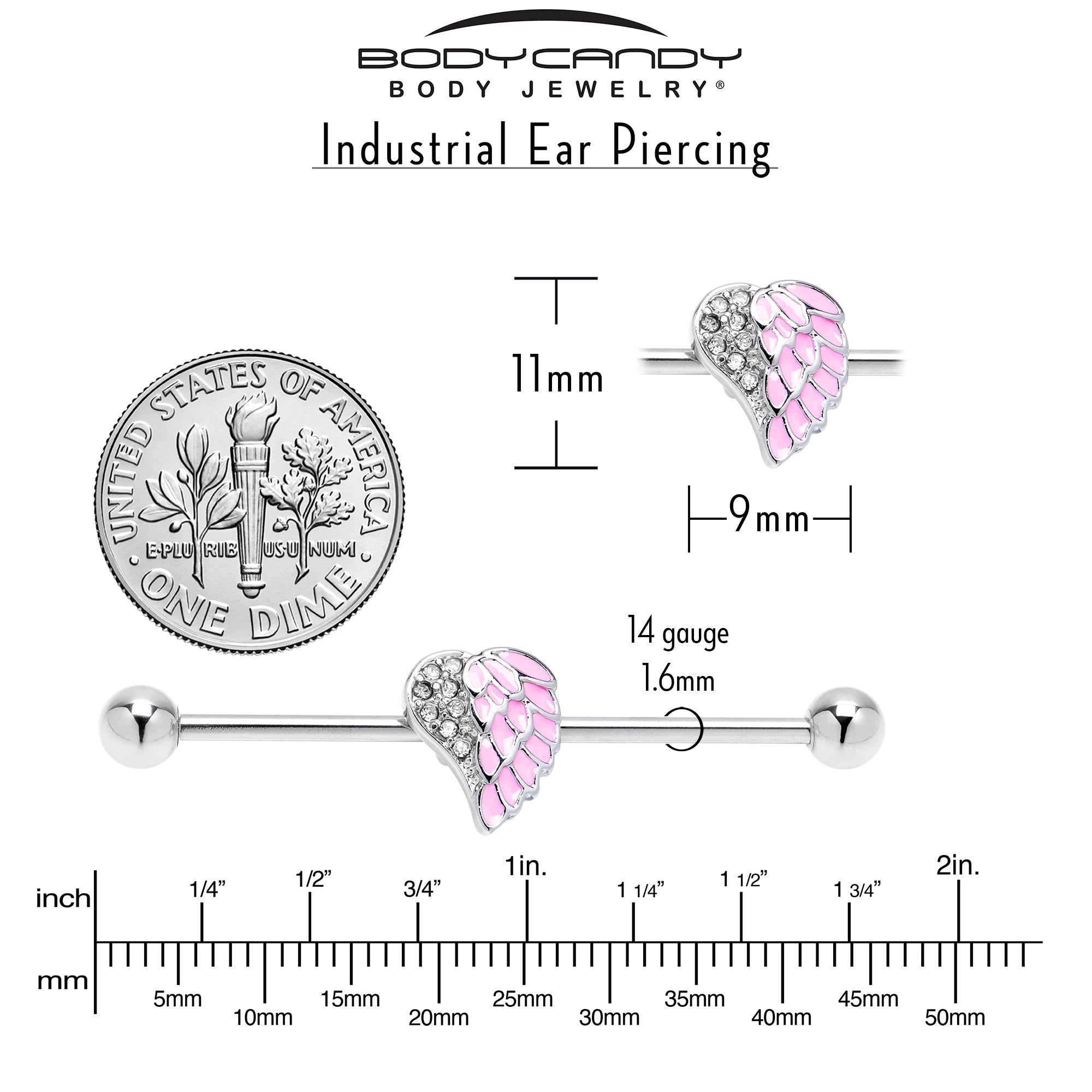 BodyCandy 14G Pink Heavenly Heart Angel Wings Industrial Barbell 38mm — side view