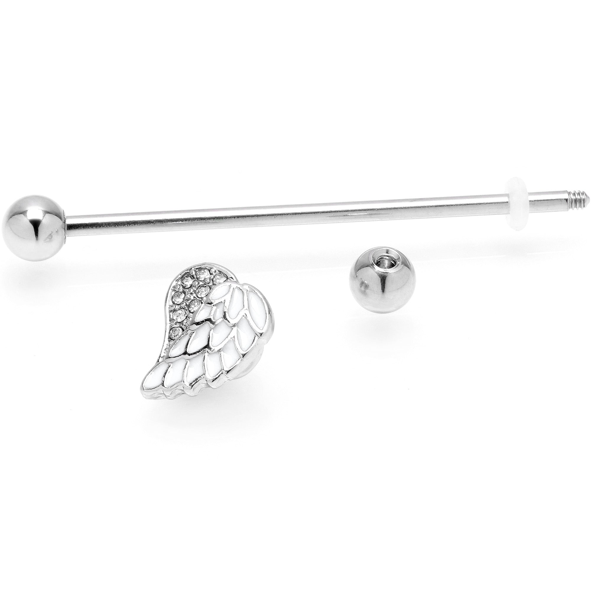 BodyCandy 14G White Heavenly Heart Angel Wings Industrial Barbell 38mm — detail close-up