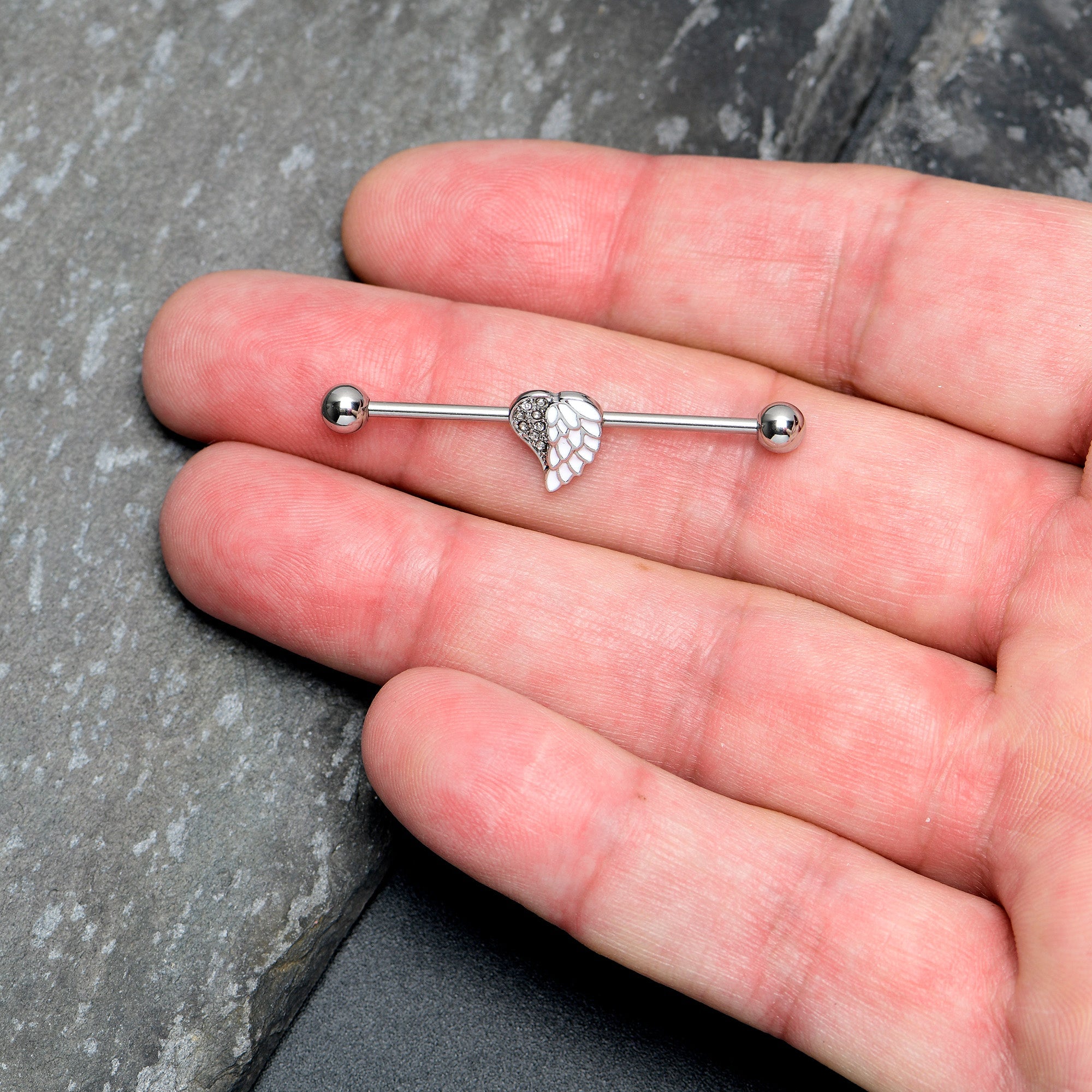 BodyCandy 14G White Heavenly Heart Angel Wings Industrial Barbell 38mm — lifestyle context